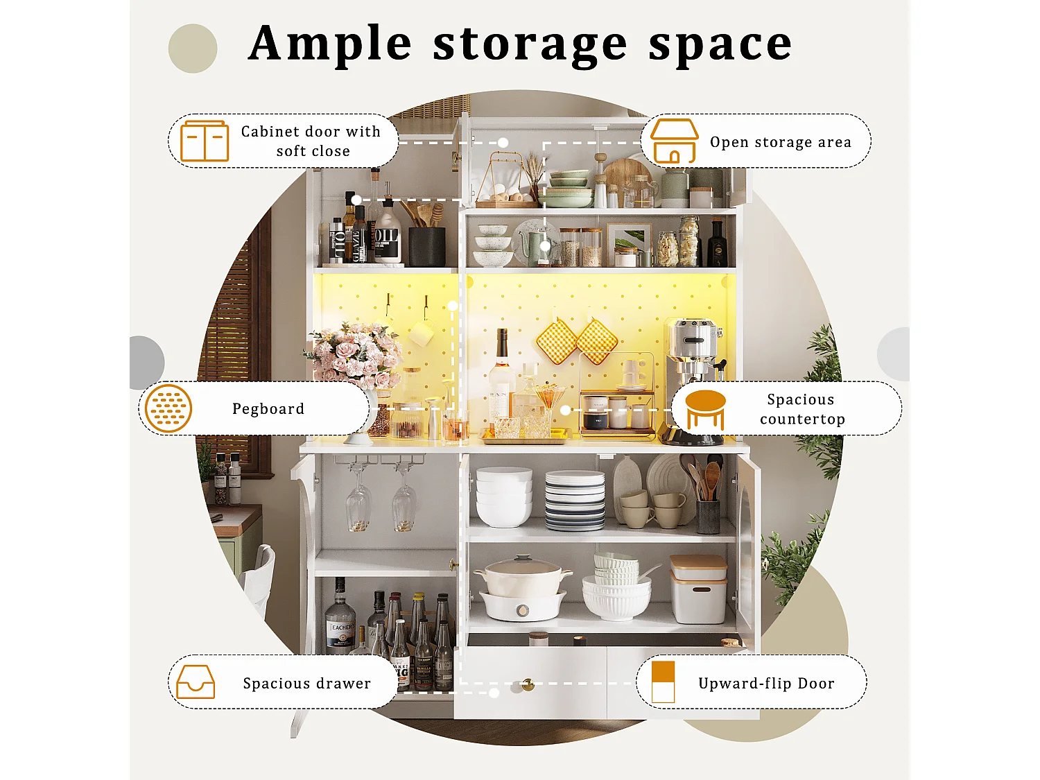 Kitchen Sideboard with USB & AC Outlets - Tall Cabinet with LED Lighting, Pegboard Panel and Wine Compartments - White