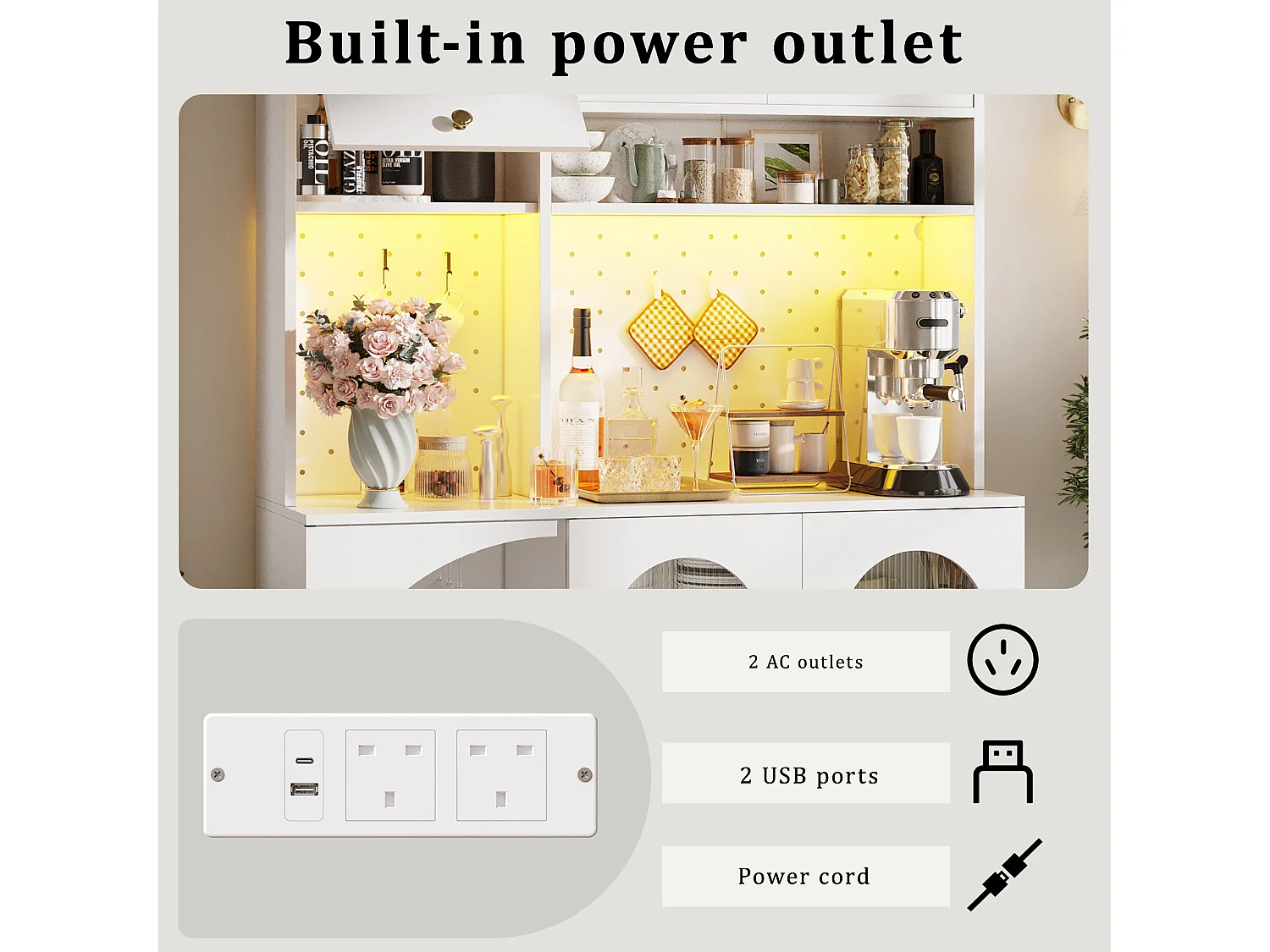 Kitchen Sideboard with USB & AC Outlets - Tall Cabinet with LED Lighting, Pegboard Panel and Wine Compartments - White