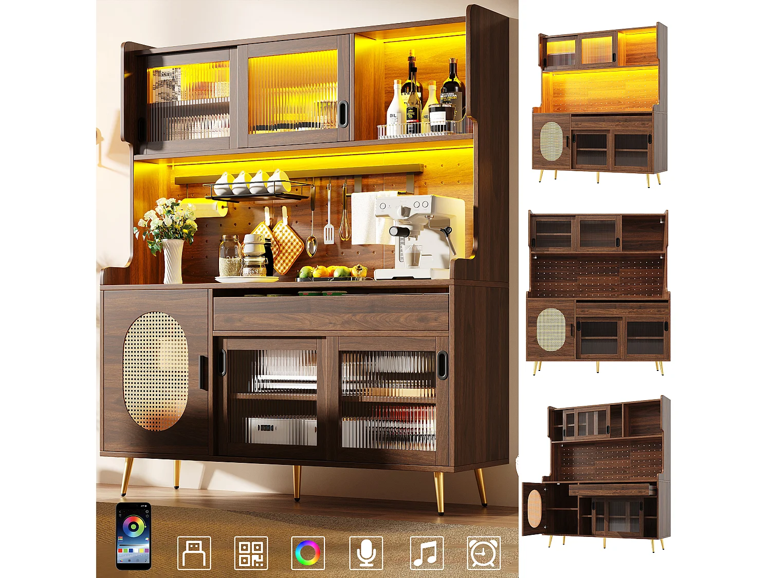 Kitchen Sideboard 145x171cm with LED, Fluted Glass, Pegboard Panel, 5 Doors and XXL Storage - Brown