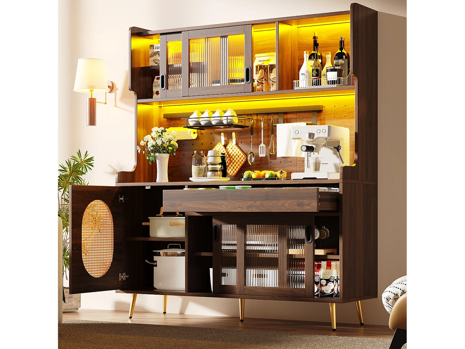 Kitchen Sideboard 145x171cm with LED, Fluted Glass, Pegboard Panel, 5 Doors and XXL Storage - Brown