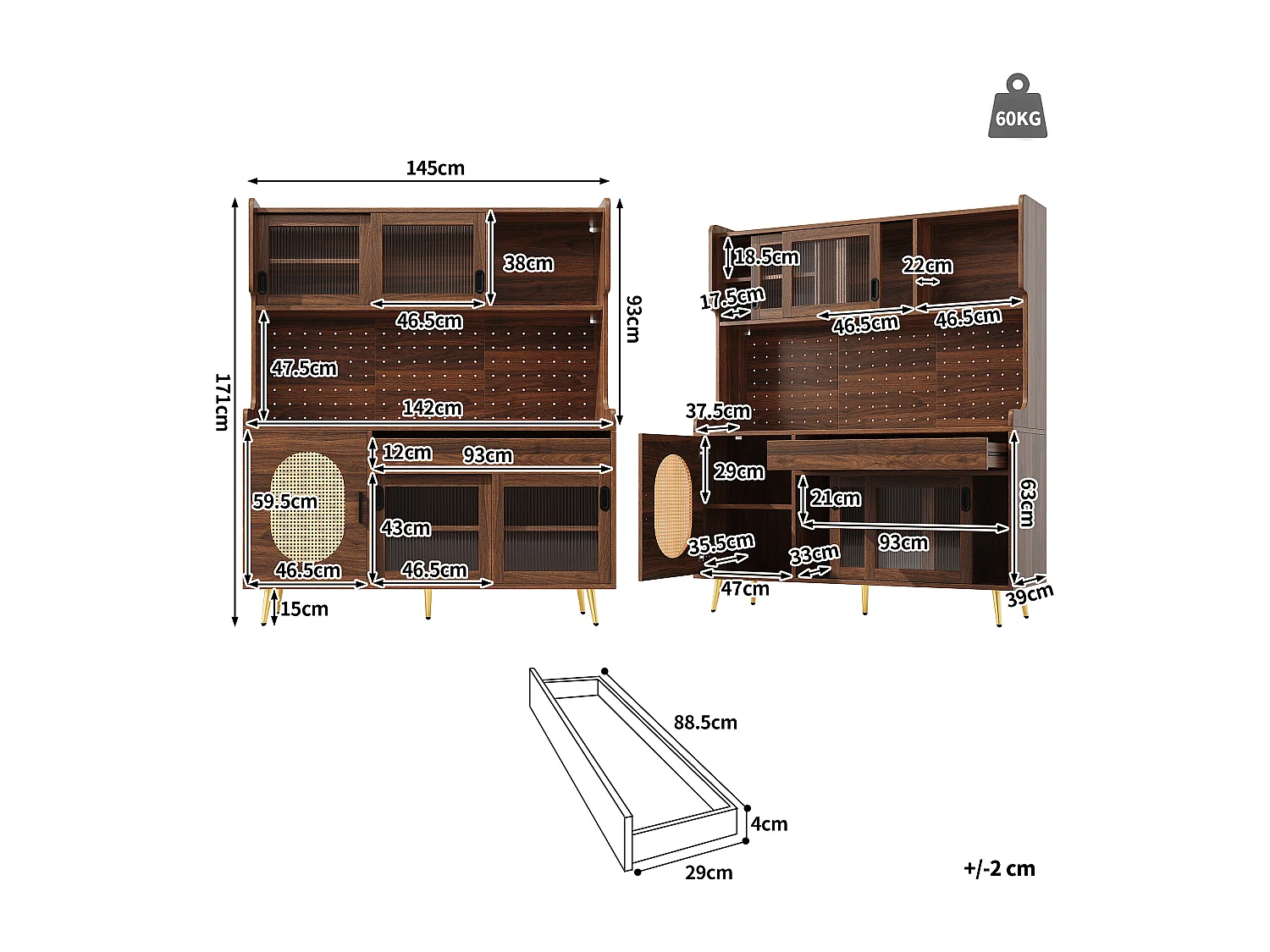 Kitchen Sideboard 145x171cm with LED, Fluted Glass, Pegboard Panel, 5 Doors and XXL Storage - Brown