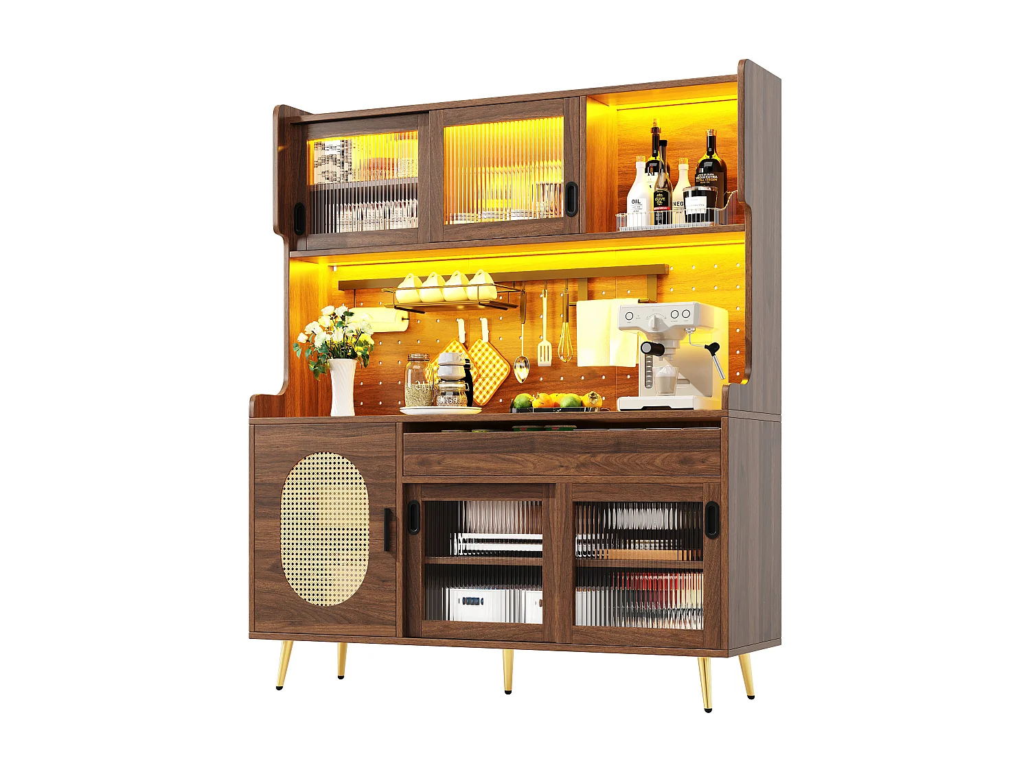 Kitchen Sideboard 145x171cm with LED, Fluted Glass, Pegboard Panel, 5 Doors and XXL Storage - Brown