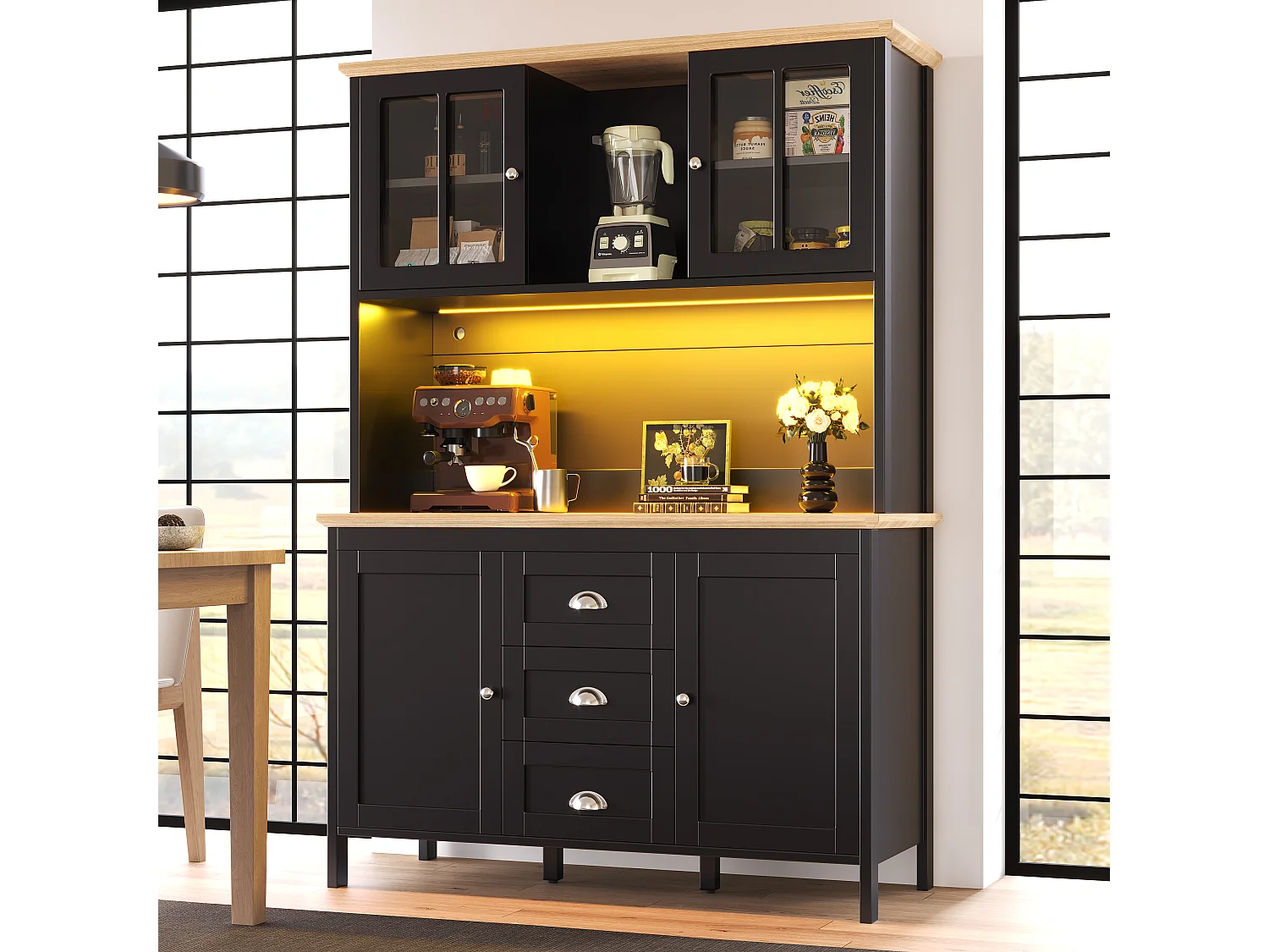 Kitchen cabinet - 120x40x179 cm - 4 doors and 3 drawers - with LED lighting - Black