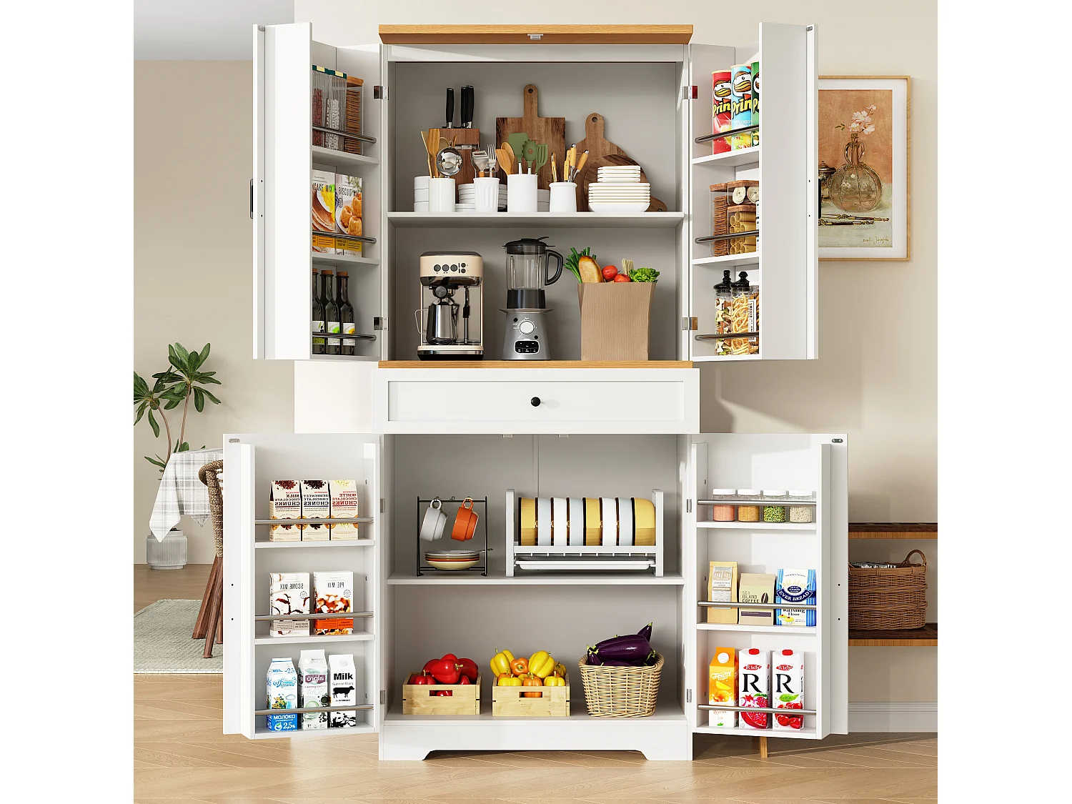 Modern kitchen sideboard 80x40x180cm - 4 doors + 1 drawer - wall cabinet - MDF - White