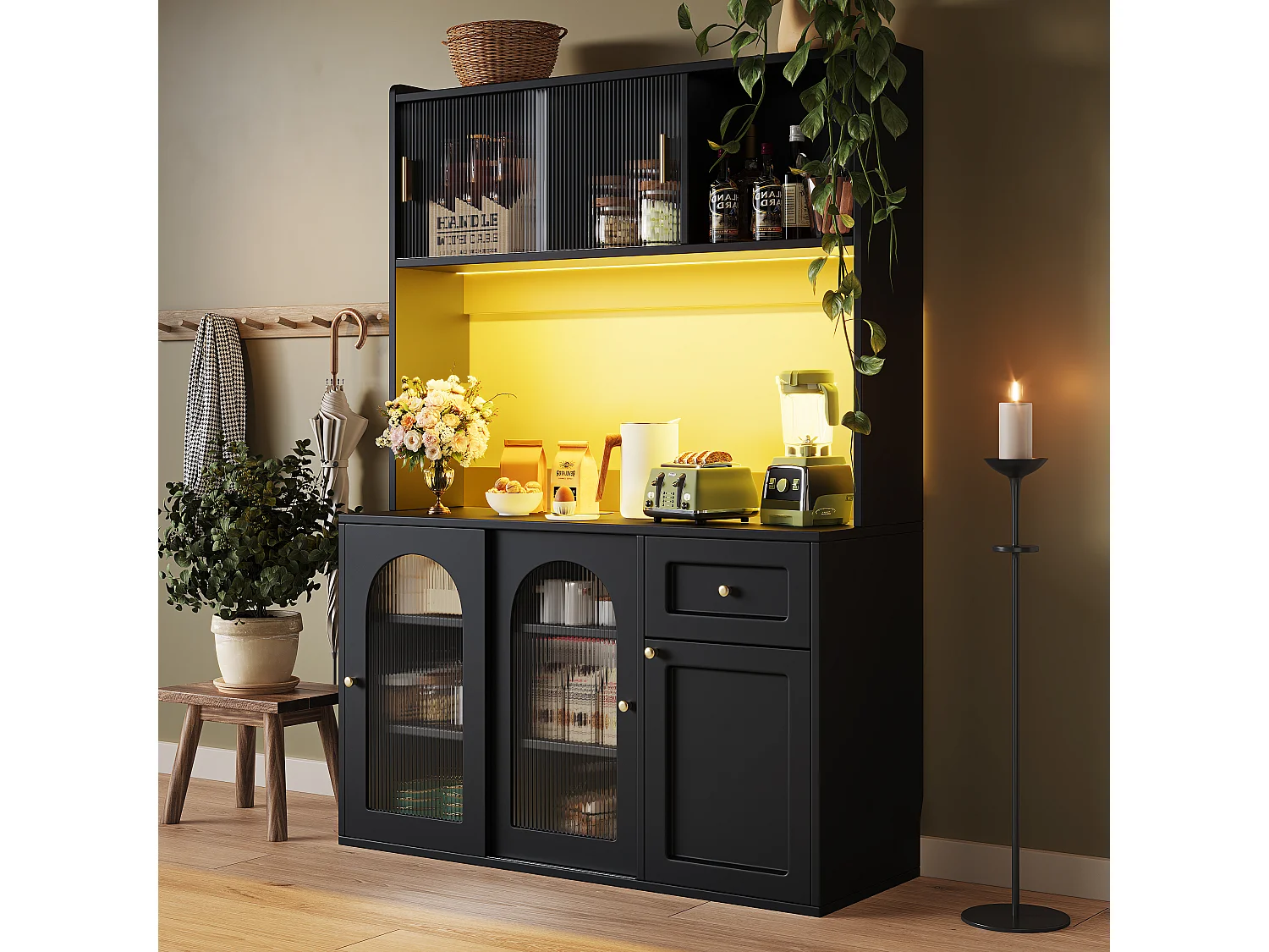 Kitchen sideboard 120x35x167cm - with LED lighting - 1 drawer and 5 doors - adjustable shelves - white