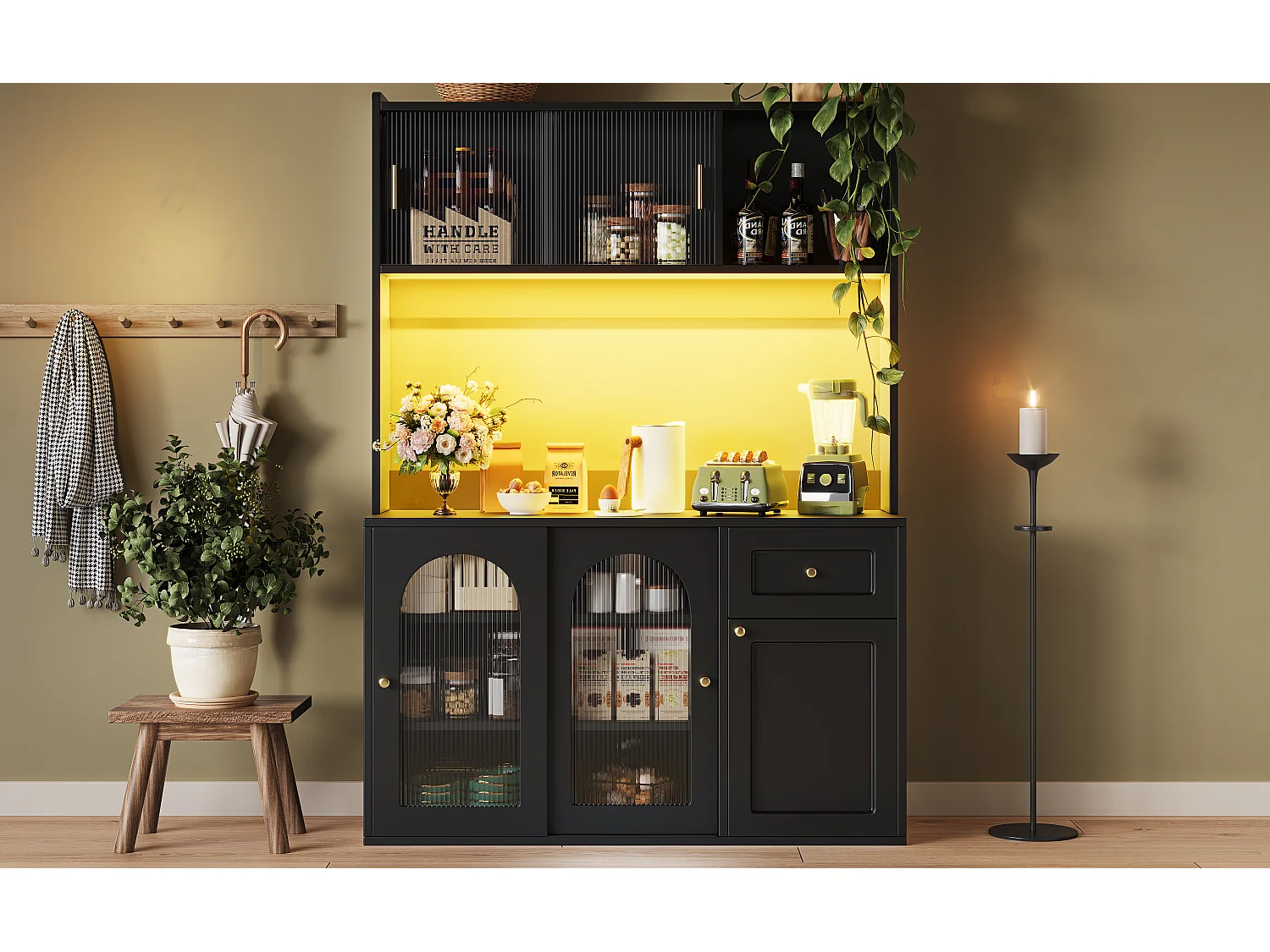 Kitchen sideboard 120x35x167cm - with LED lighting - 1 drawer and 5 doors - adjustable shelves - white