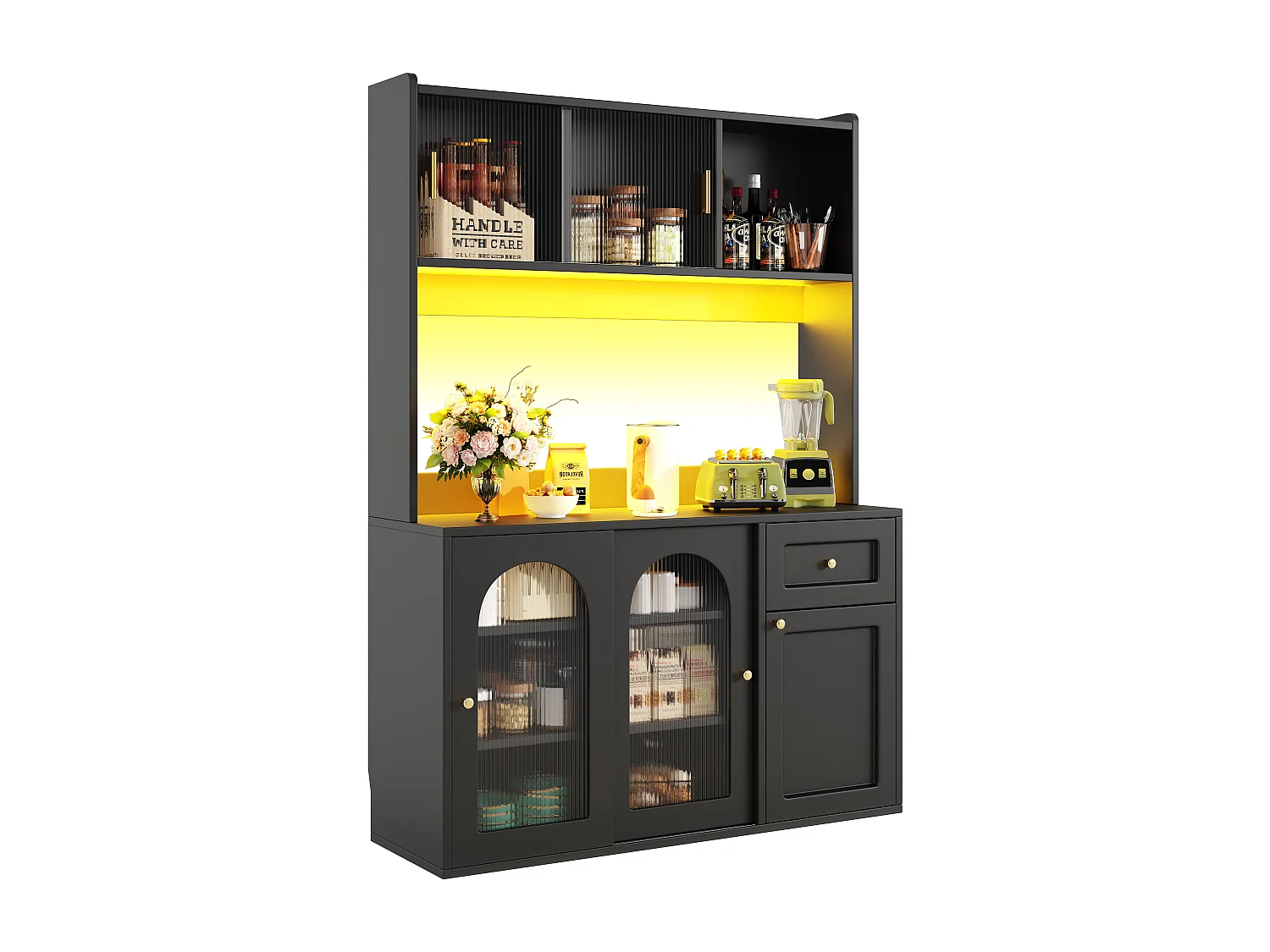 Kitchen sideboard 120x35x167cm - with LED lighting - 1 drawer and 5 doors - adjustable shelves - white