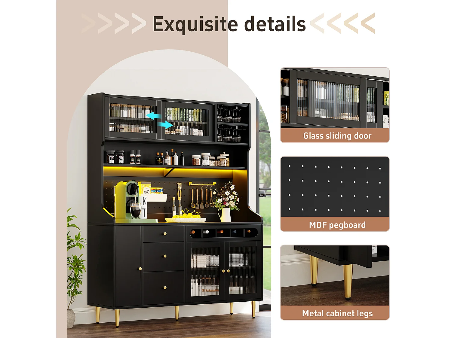 Kitchen sideboard 145x39x171 cm - with LED lighting - 4 glass doors - 3 drawers - with perforated panel - Black