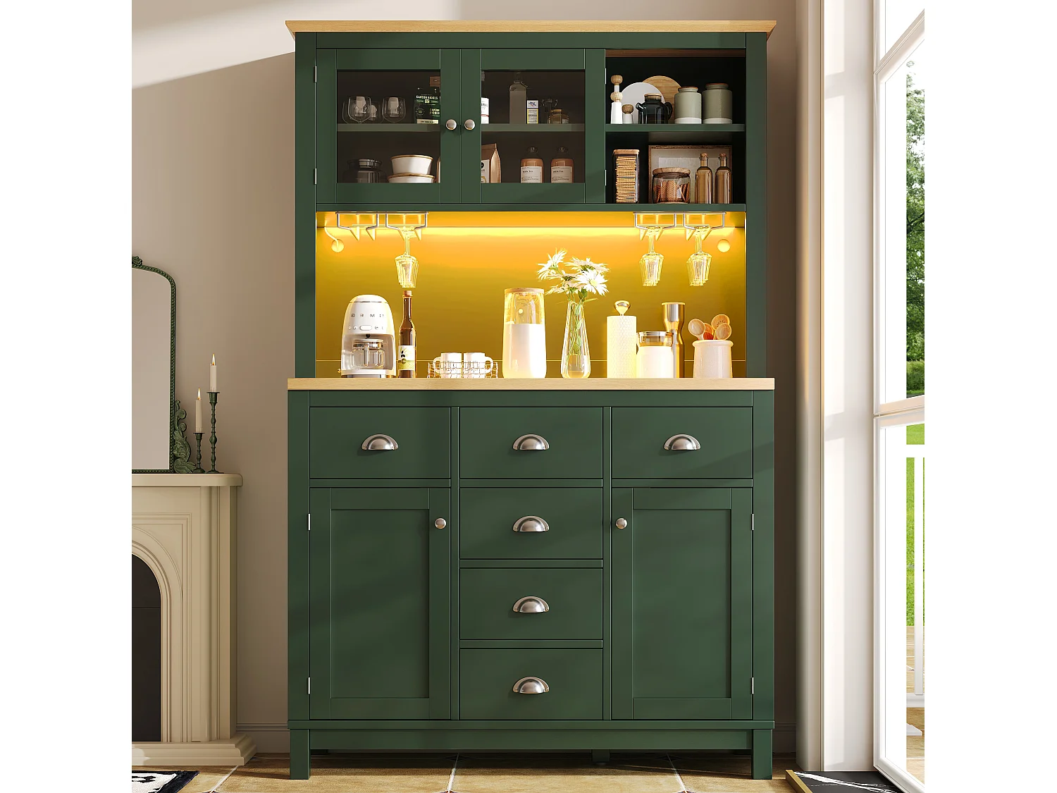 Kitchen Sideboard 104x180cm with LED, Drink Holder, 4 Doors and Internal Door Storage - Green