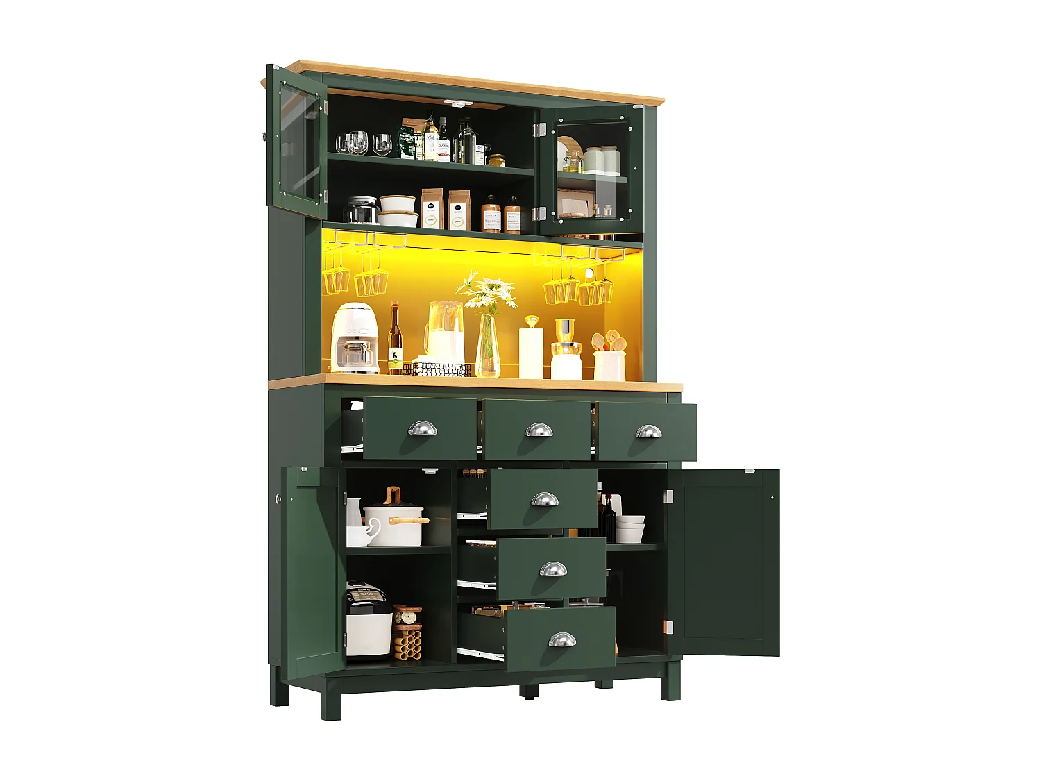 Kitchen Sideboard 104x180cm with LED, Drink Holder, 4 Doors and Internal Door Storage - Green
