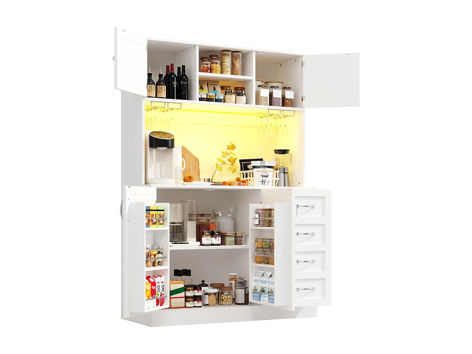 Kitchen Sideboard 120x188cm with LED, Drink & Snack Holder, 4 Doors and 2 Spacious Drawers - White