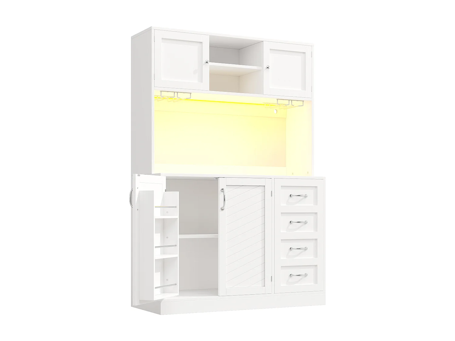 Kitchen Sideboard 120x188cm with LED, Drink & Snack Holder, 4 Doors and 2 Spacious Drawers - White
