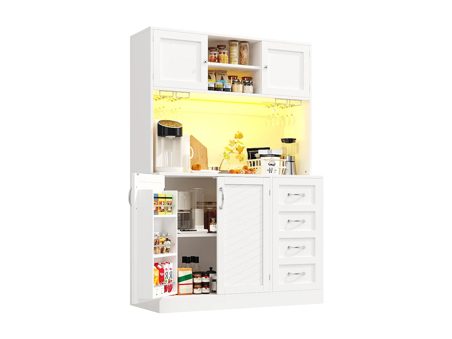 Kitchen Sideboard 120x188cm with LED, Drink & Snack Holder, 4 Doors and 2 Spacious Drawers - White