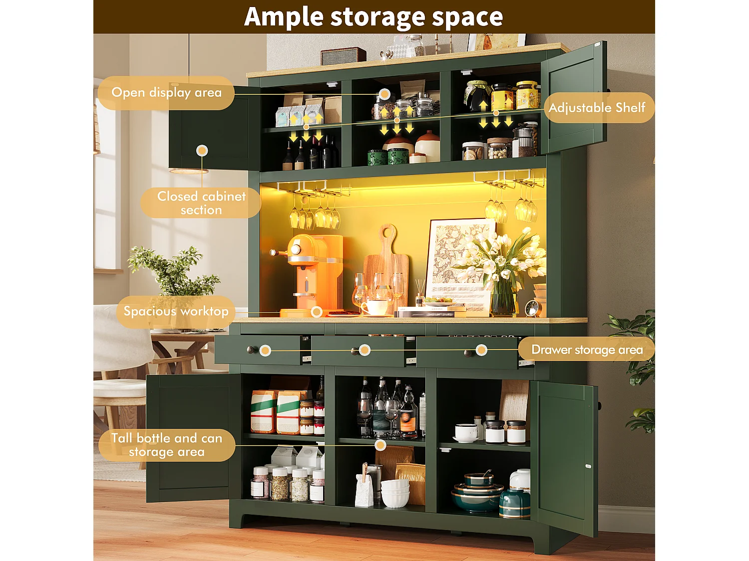 Kitchen Sideboard 120x180cm with PE Rattan Doors, Tall Cabinet with LED, 2 Drawers - Green