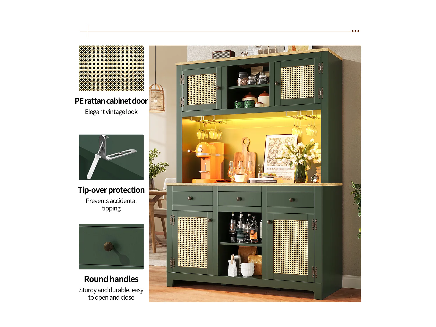 Kitchen Sideboard 120x180cm with PE Rattan Doors, Tall Cabinet with LED, 2 Drawers - Green