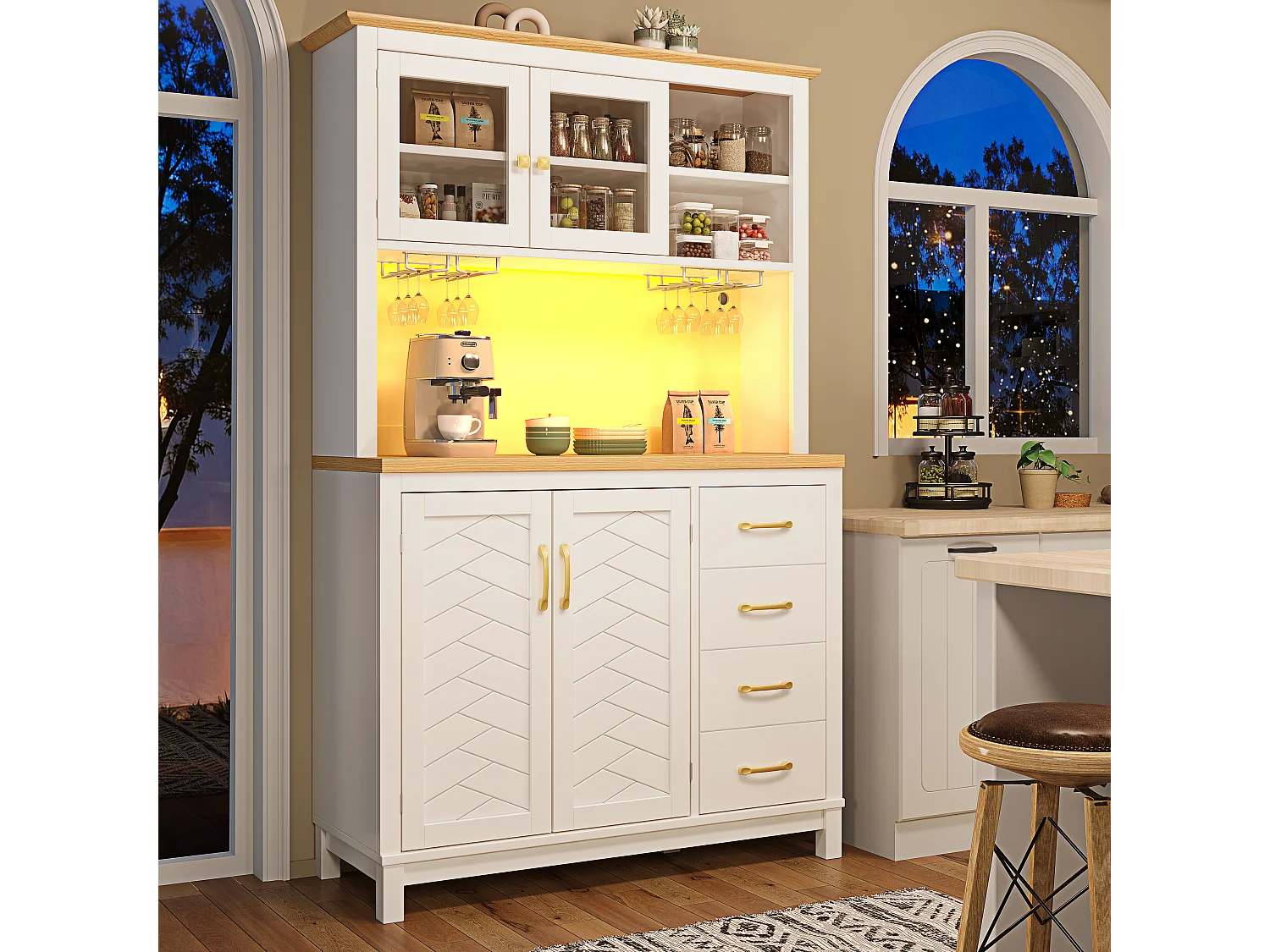 Kitchen Sideboard 105.5x180cm with LED, Drink Holder, 4 Doors and Diagonal Wood Grain - White