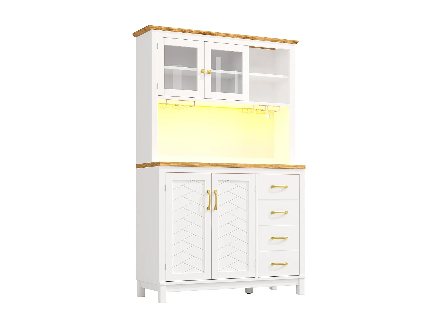 Kitchen Sideboard 105.5x180cm with LED, Drink Holder, 4 Doors and Diagonal Wood Grain - White
