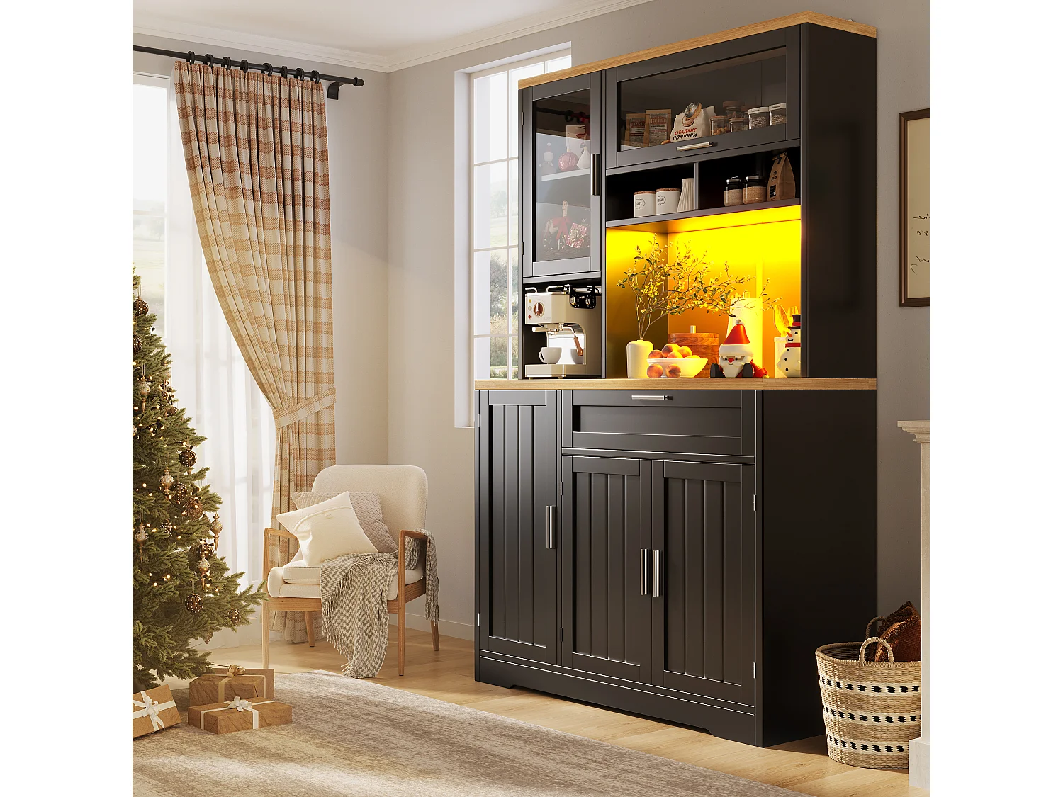 Kitchen cabinet - 104x40x180 cm - with 4 doors and 1 drawer - with LED lighting - Black