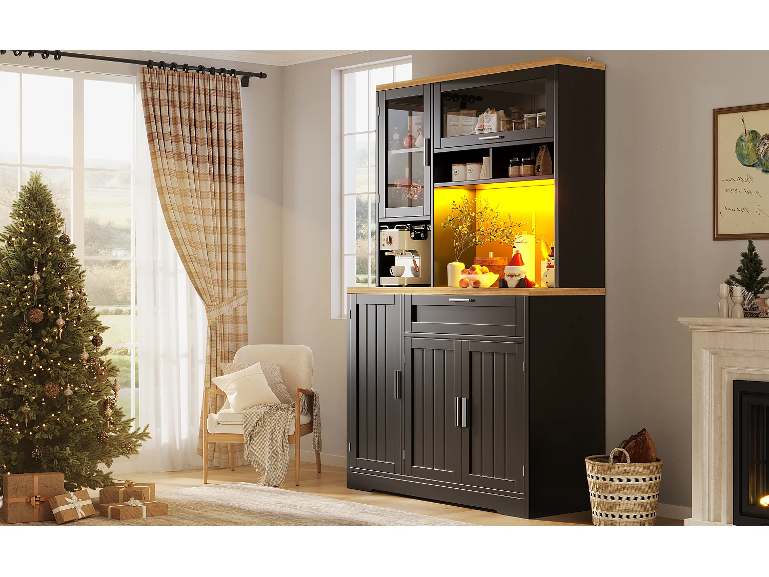Kitchen cabinet - 104x40x180 cm - with 4 doors and 1 drawer - with LED lighting - Black
