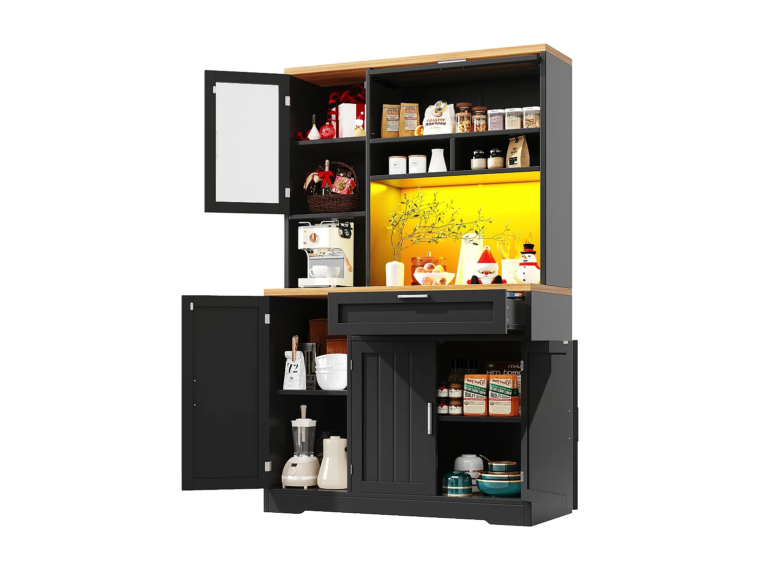 Kitchen cabinet - 104x40x180 cm - with 4 doors and 1 drawer - with LED lighting - Black