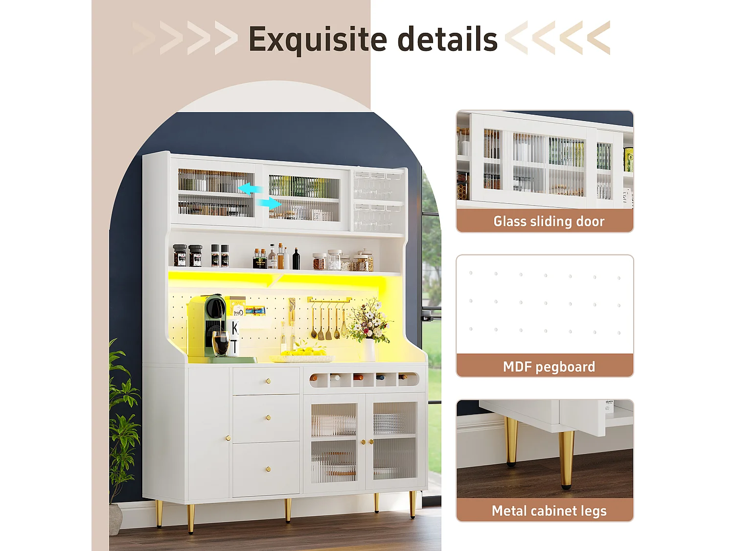 Kitchen sideboard 145x39x171 cm - with LED lighting - 4 glass doors - 3 drawers - with perforated panel - White