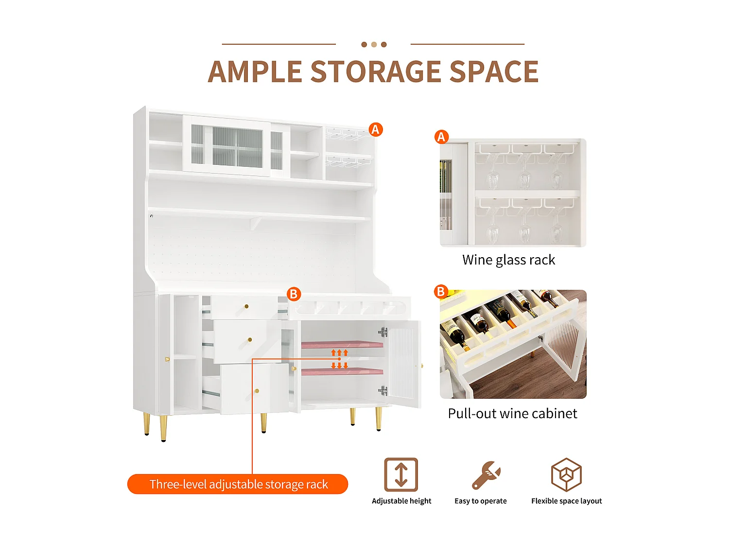 Kitchen sideboard 145x39x171 cm - with LED lighting - 4 glass doors - 3 drawers - with perforated panel - White