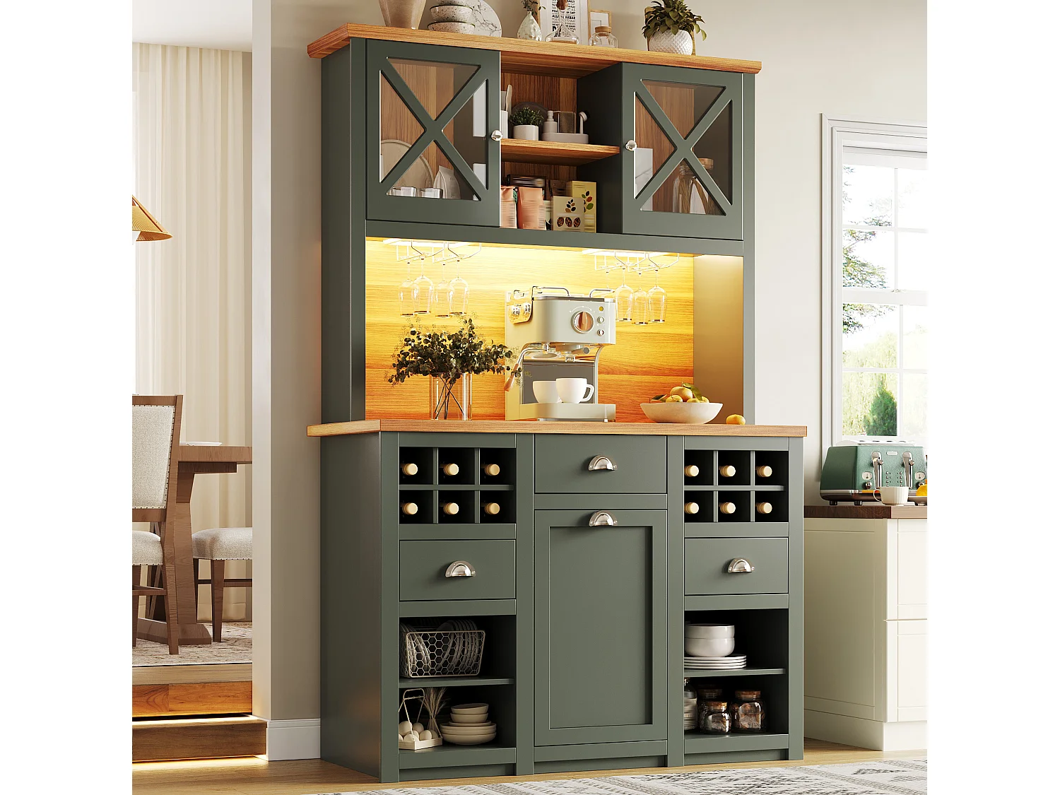 Tall Kitchen Sideboard 120x188cm with LED and Built-in Sockets, with Wine Rack, Glass Doors - Dark Green