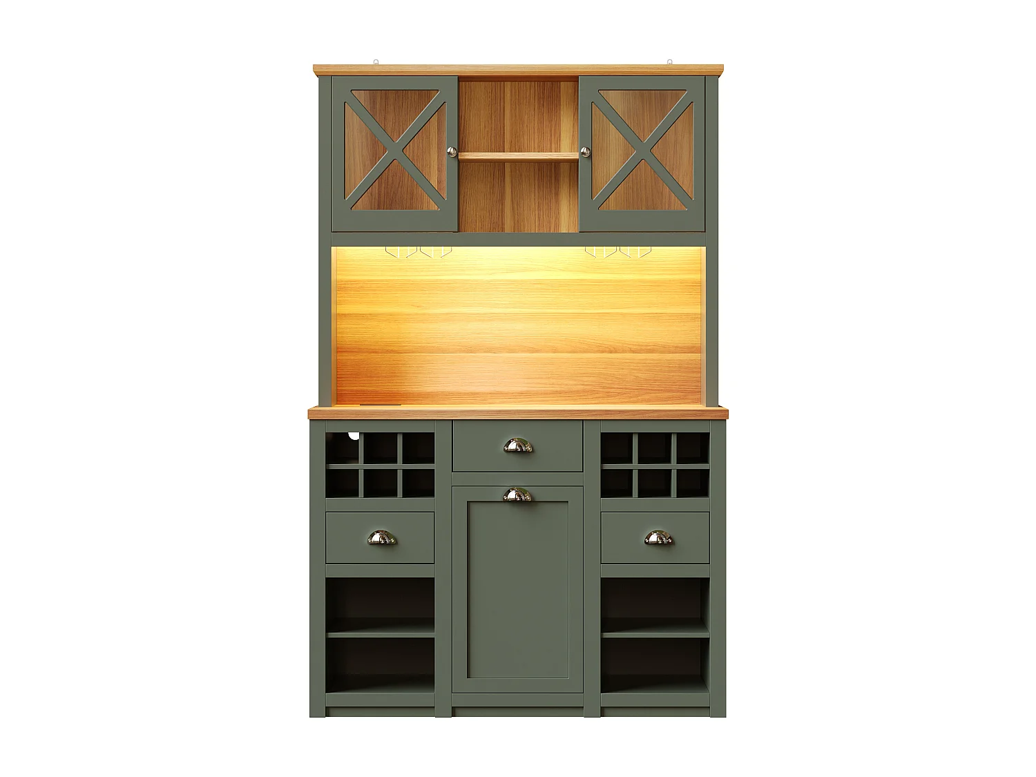 Tall Kitchen Sideboard 120x188cm with LED and Built-in Sockets, with Wine Rack, Glass Doors - Dark Green