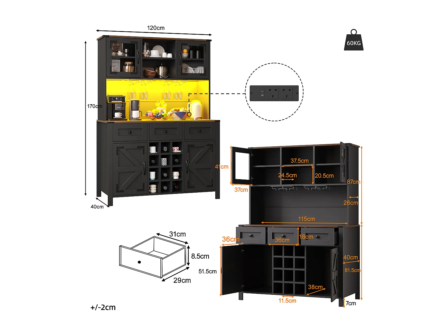Stylish Kitchen Buffet with USB Outlets - Tall Cabinet with LED Lighting, Glass Holder, 4 Doors and 3 Drawers - Black