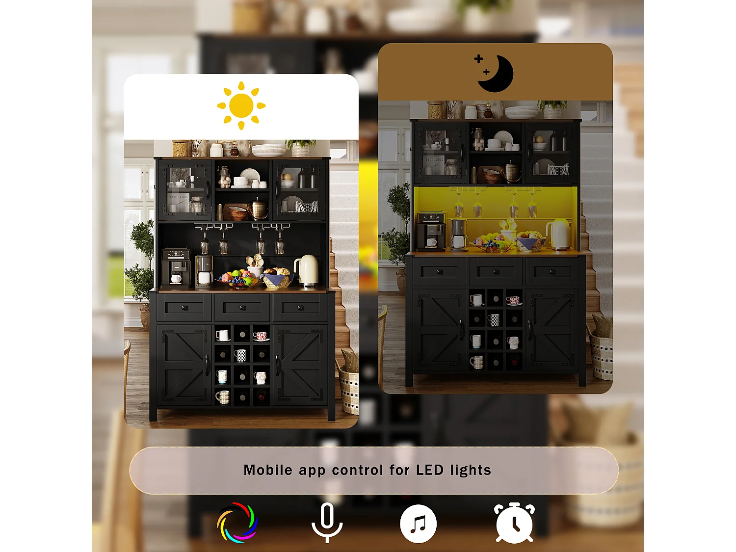 Stylish Kitchen Buffet with USB Outlets - Tall Cabinet with LED Lighting, Glass Holder, 4 Doors and 3 Drawers - Black