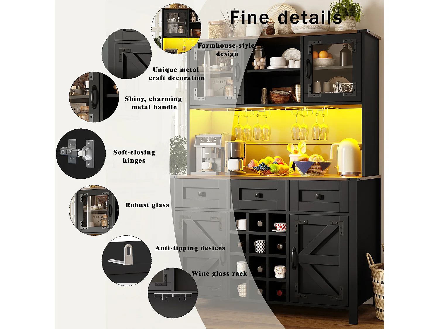 Stylish Kitchen Buffet with USB Outlets - Tall Cabinet with LED Lighting, Glass Holder, 4 Doors and 3 Drawers - Black