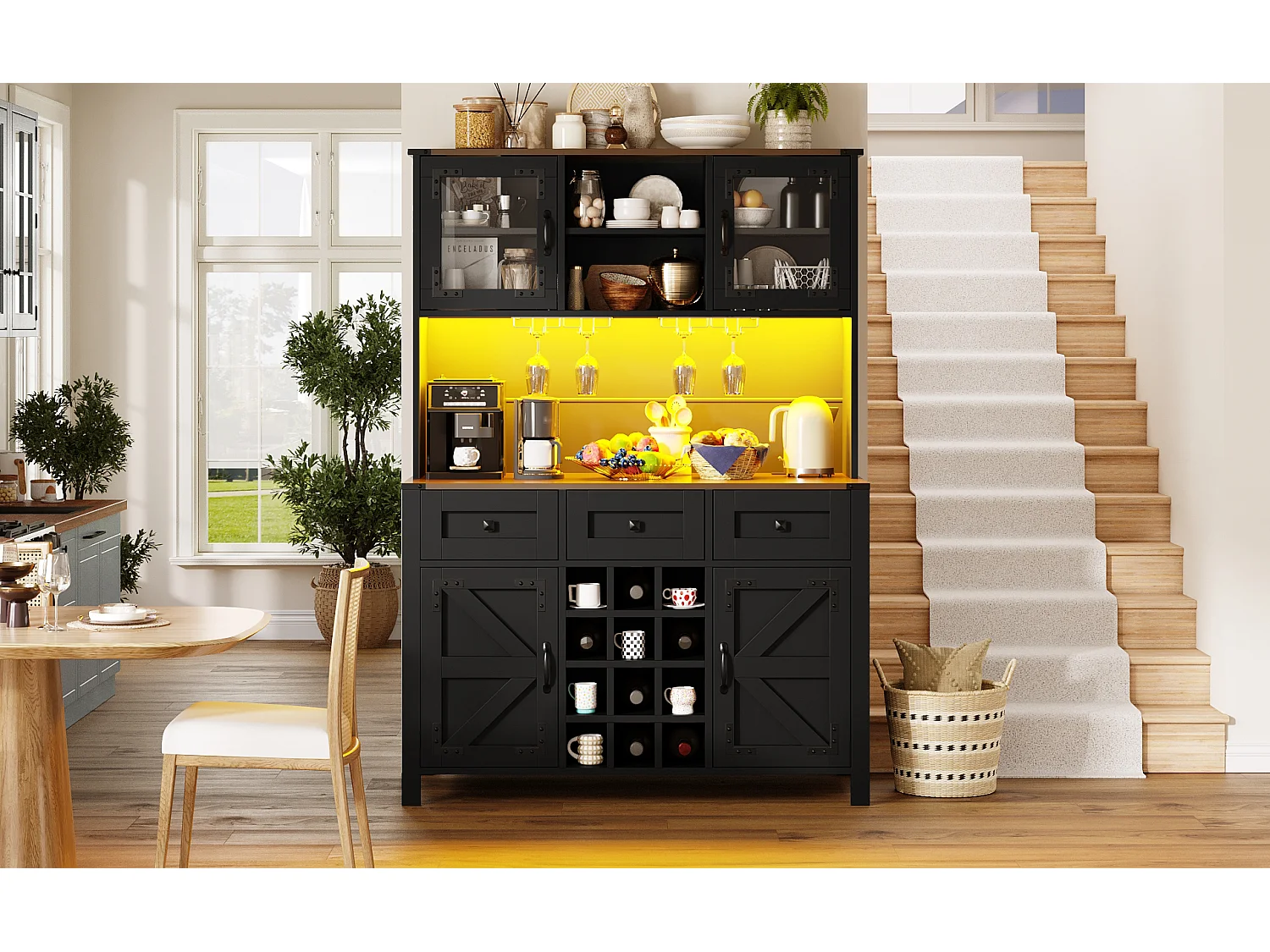 Stylish Kitchen Buffet with USB Outlets - Tall Cabinet with LED Lighting, Glass Holder, 4 Doors and 3 Drawers - Black