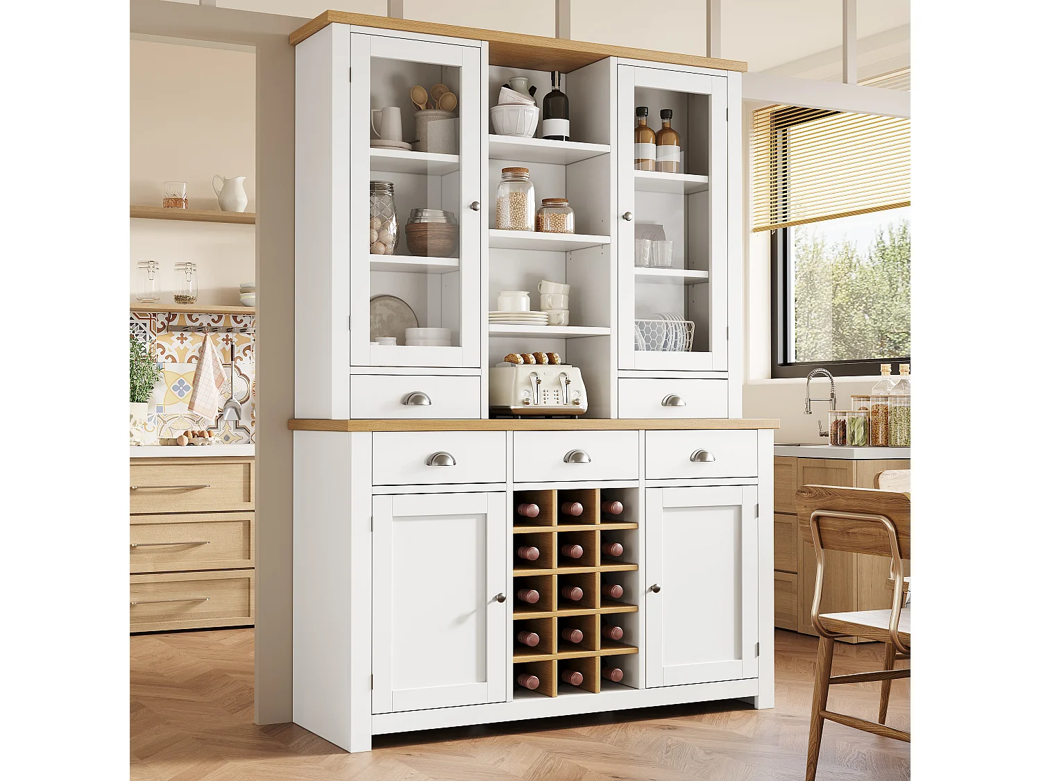 Kitchen Sideboard 120x185cm with 5 Drawers and Removable Bottle Holder, Tall Cabinet with Glass Door - White