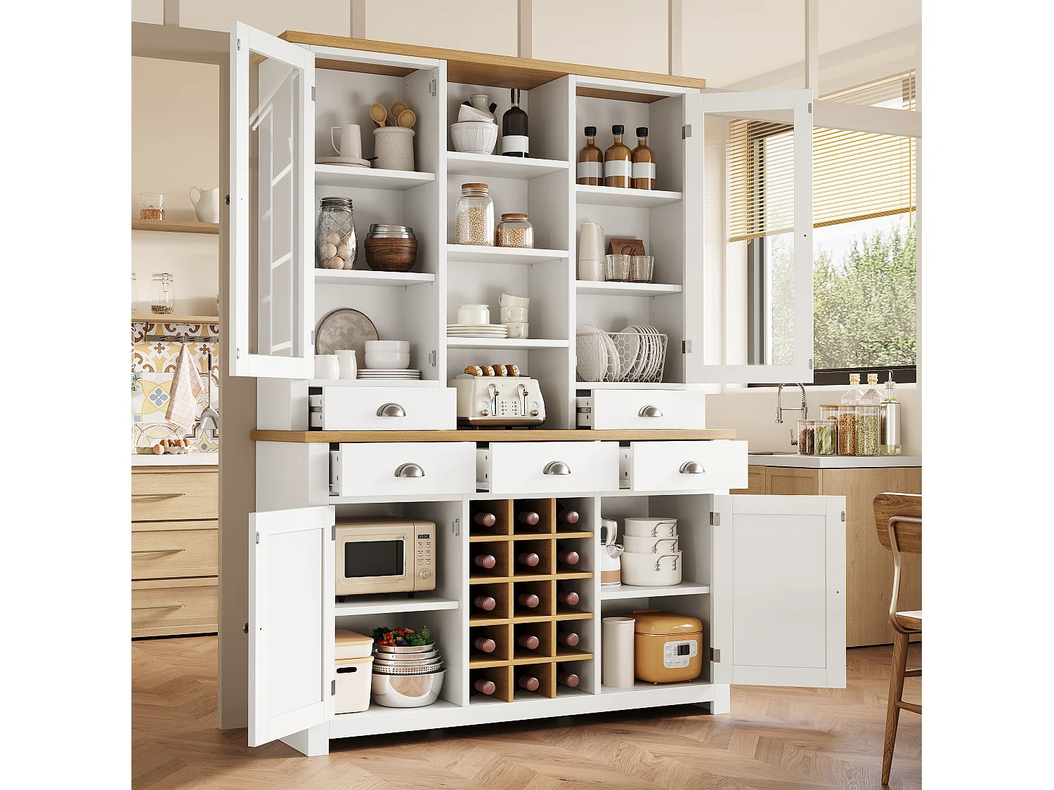 Kitchen Sideboard 120x185cm with 5 Drawers and Removable Bottle Holder, Tall Cabinet with Glass Door - White