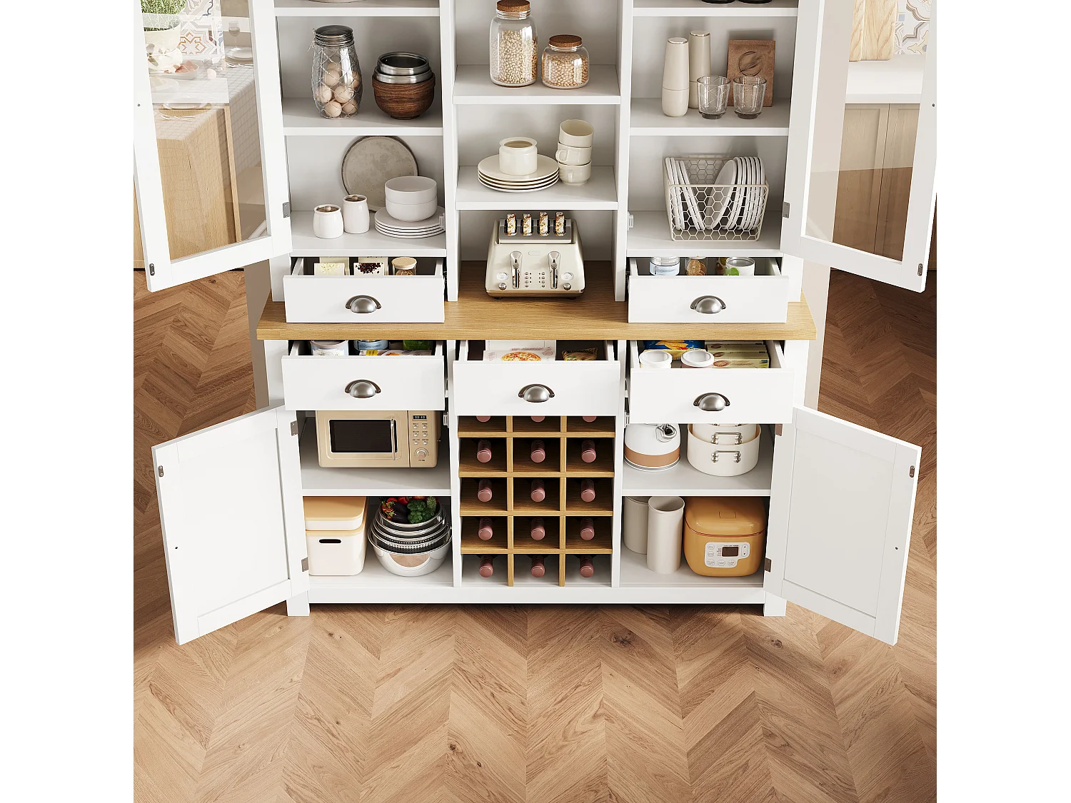 Kitchen Sideboard 120x185cm with 5 Drawers and Removable Bottle Holder, Tall Cabinet with Glass Door - White