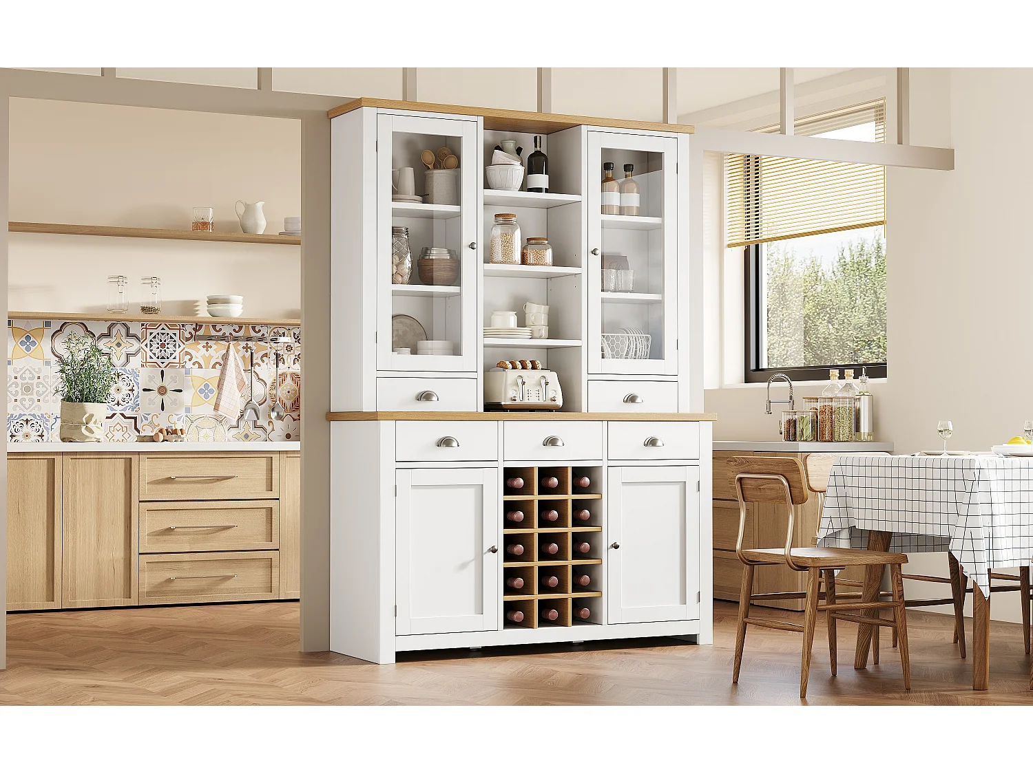 Kitchen Sideboard 120x185cm with 5 Drawers and Removable Bottle Holder, Tall Cabinet with Glass Door - White