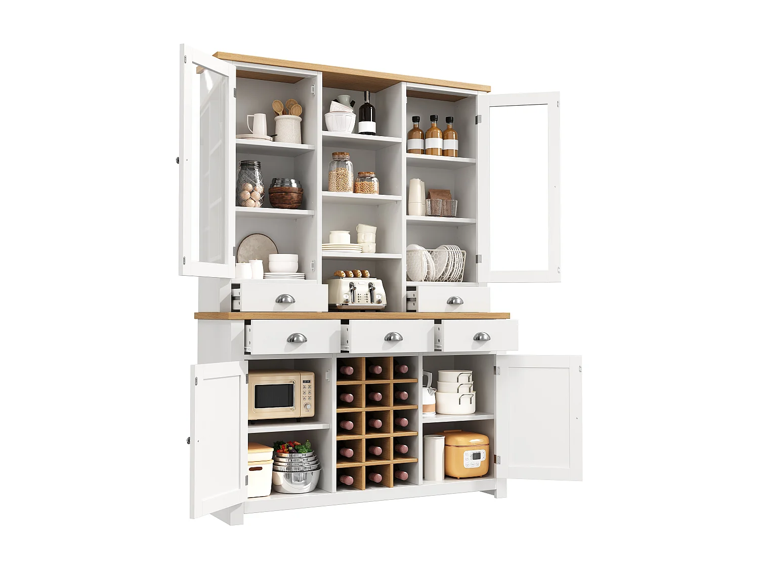Kitchen Sideboard 120x185cm with 5 Drawers and Removable Bottle Holder, Tall Cabinet with Glass Door - White