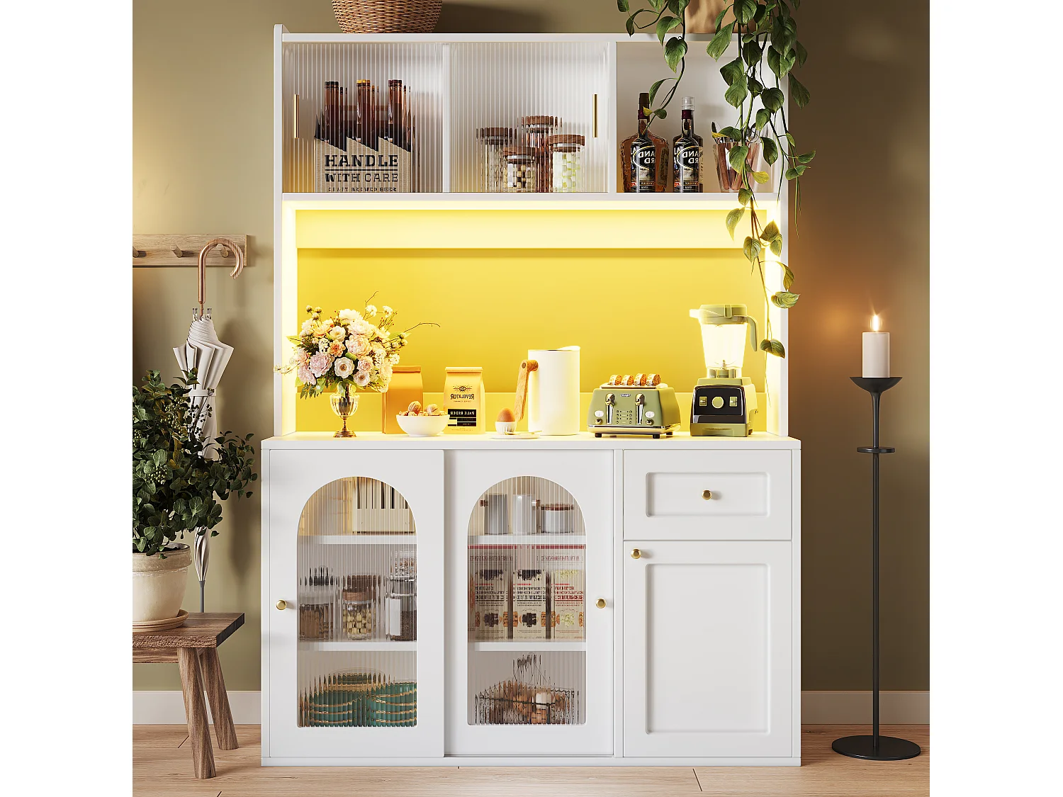 Kitchen sideboard 120x35x167cm - with LED lighting - 1 drawer and 5 doors - adjustable shelves - black