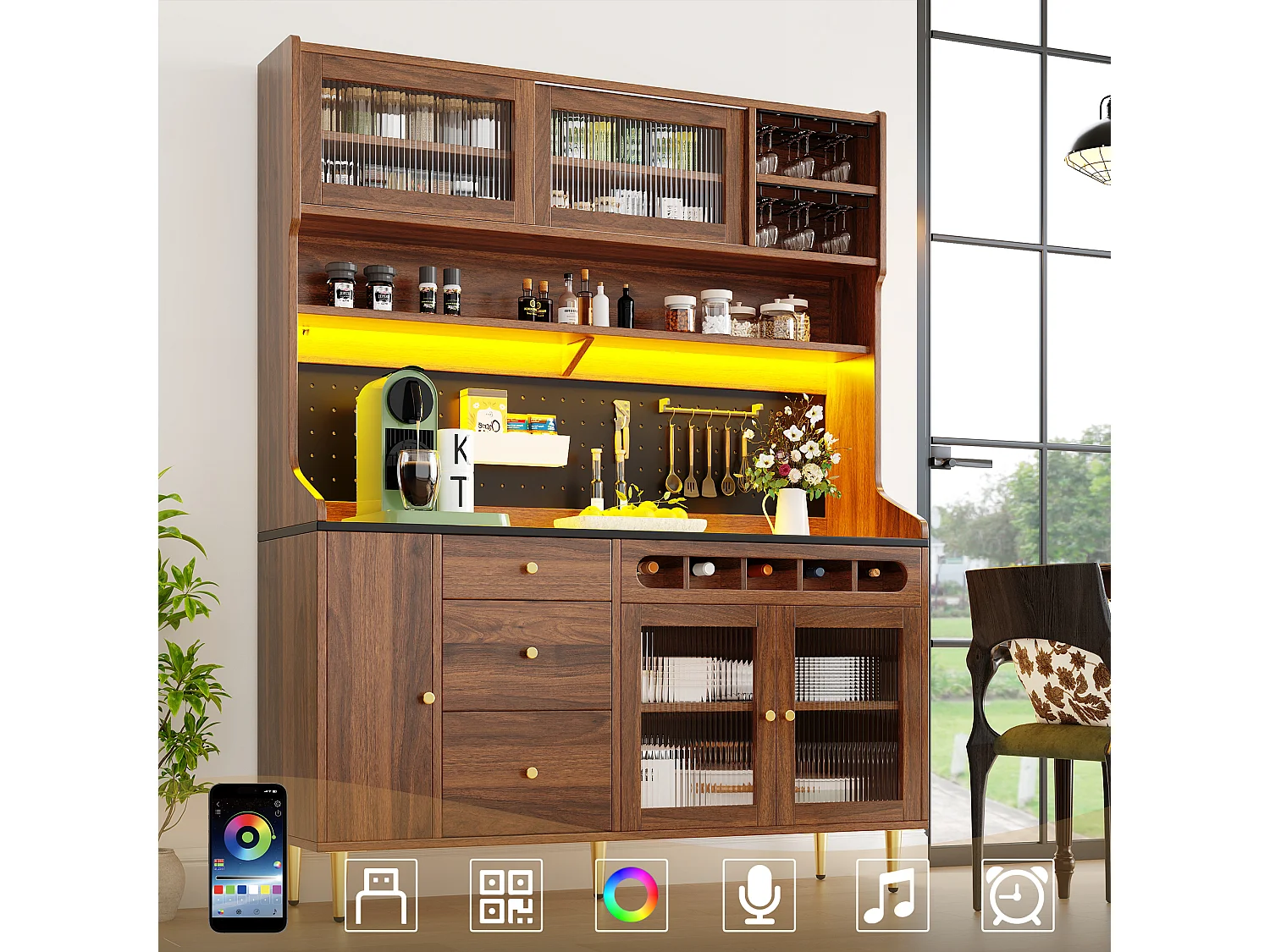 Kitchen sideboard 145x39x171 cm - with LED lighting - 4 glass doors - 3 drawers - with perforated panel - Brown