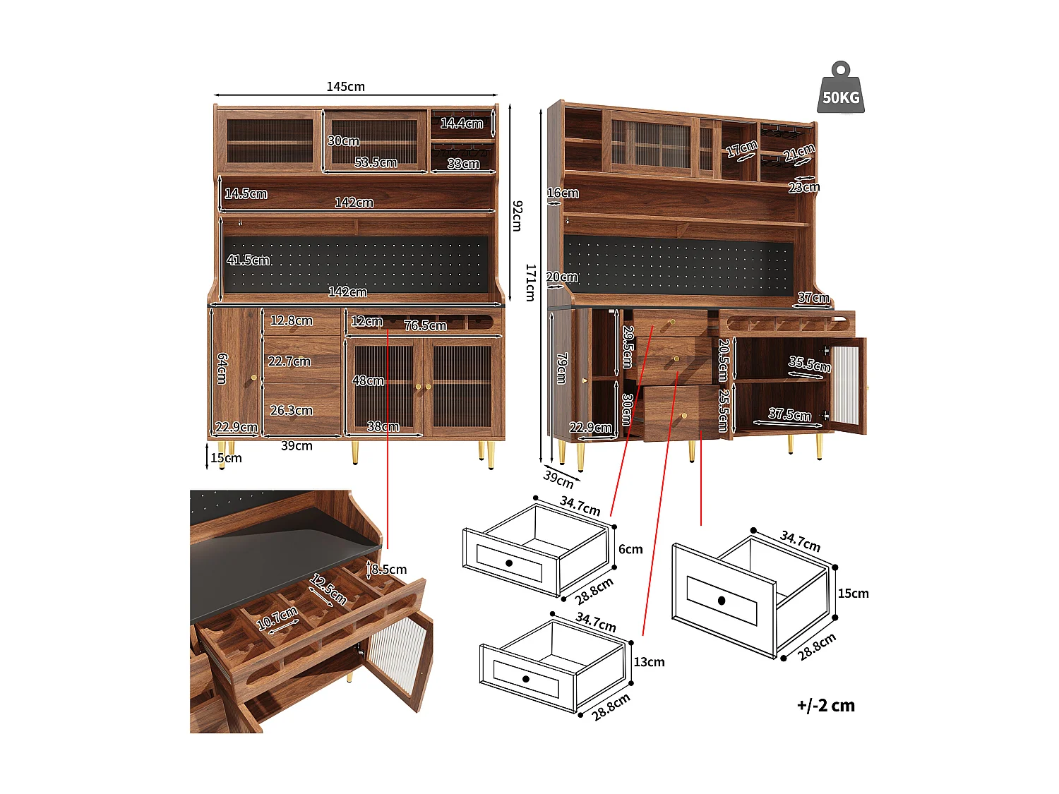 Kitchen sideboard 145x39x171 cm - with LED lighting - 4 glass doors - 3 drawers - with perforated panel - Brown