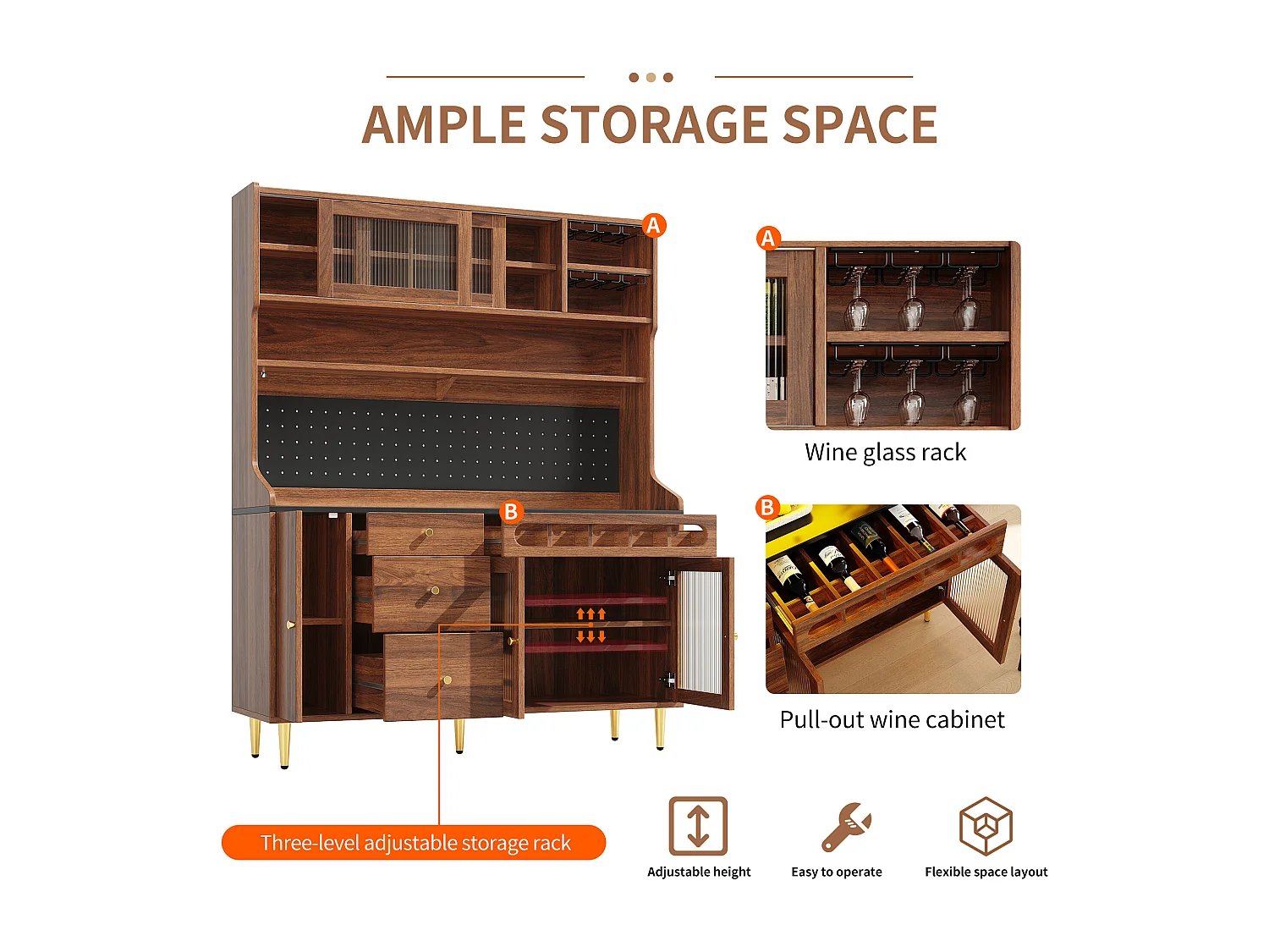Kitchen sideboard 145x39x171 cm - with LED lighting - 4 glass doors - 3 drawers - with perforated panel - Brown