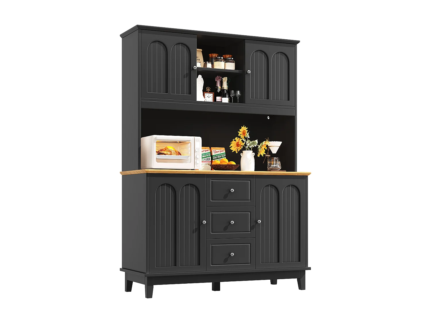 Kitchen sideboard 120x40x180cm - 4 doors + 3 drawers - tall cabinet - with LED lighting - Modern style - Black