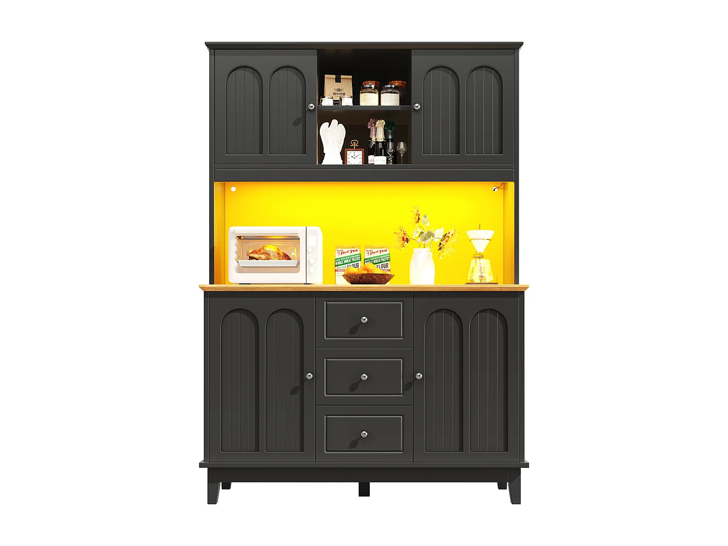 Kitchen sideboard 120x40x180cm - 4 doors + 3 drawers - tall cabinet - with LED lighting - Modern style - Black
