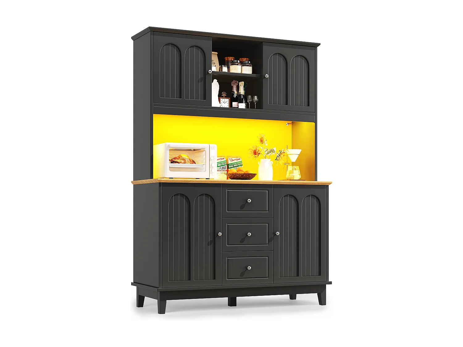 Kitchen sideboard 120x40x180cm - 4 doors + 3 drawers - tall cabinet - with LED lighting - Modern style - Black