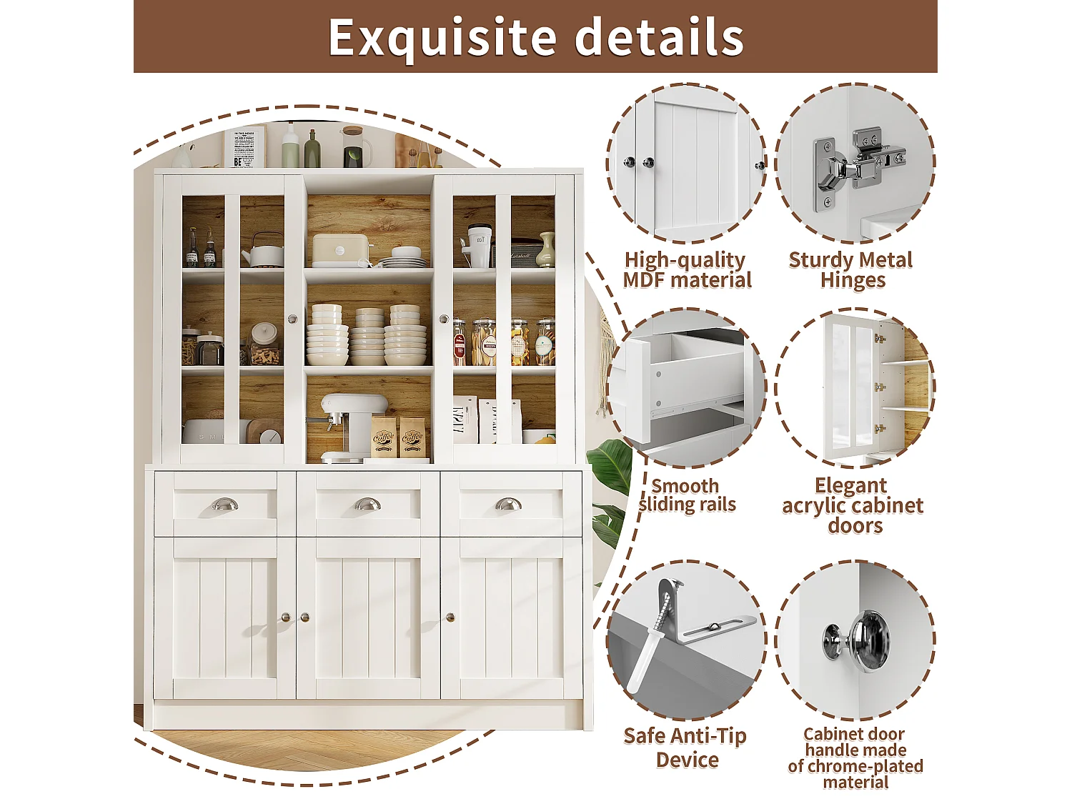 Modern kitchen sideboard 140x38.5x175 cm - 5 doors + 3 drawers + 9 shelves - white