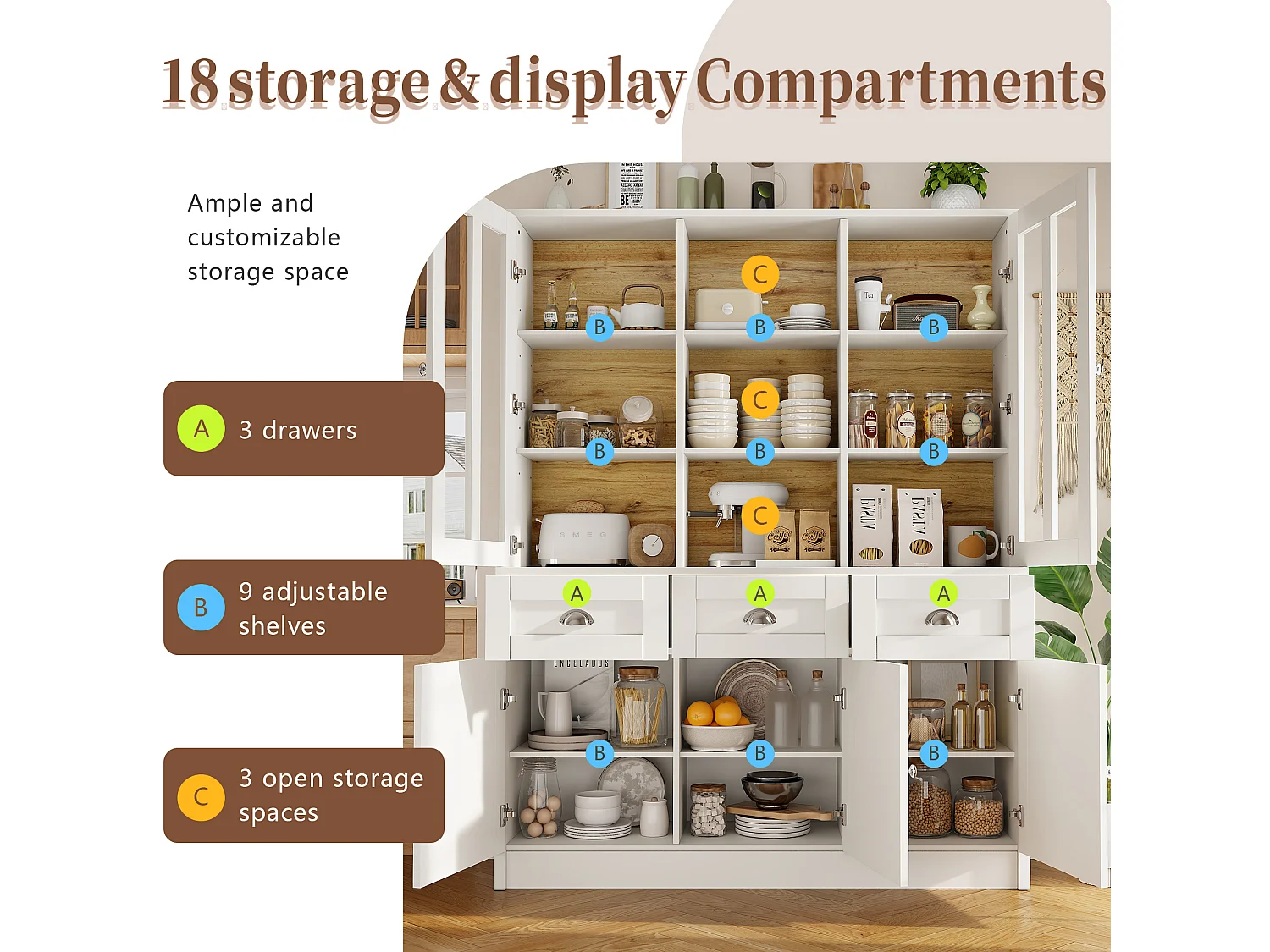 Modern kitchen sideboard 140x38.5x175 cm - 5 doors + 3 drawers + 9 shelves - white
