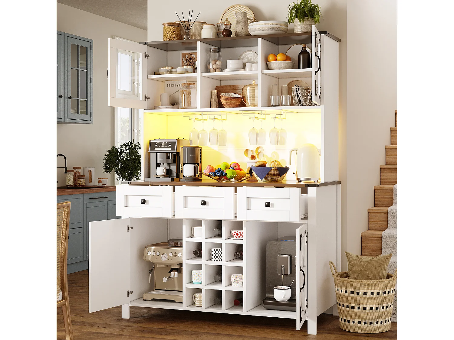 Stylish Kitchen Buffet with USB Outlets - Tall Cabinet with LED Lighting, Glass Holder, 4 Doors and 3 Drawers - White