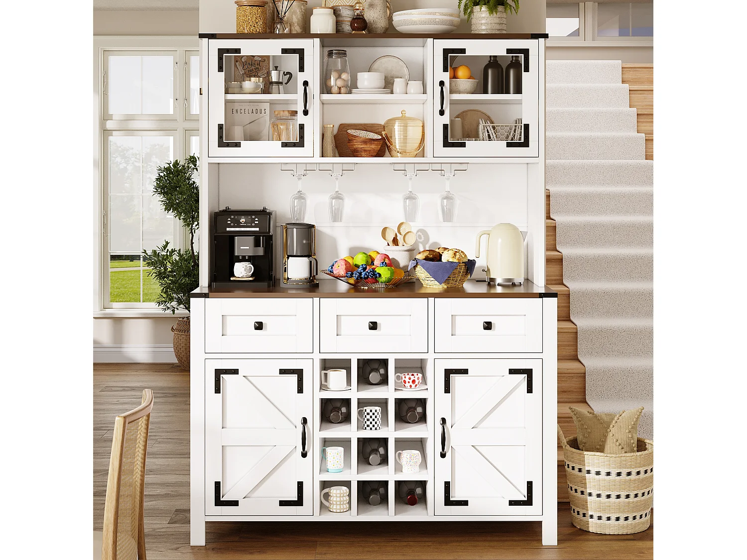 Stylish Kitchen Buffet with USB Outlets - Tall Cabinet with LED Lighting, Glass Holder, 4 Doors and 3 Drawers - White