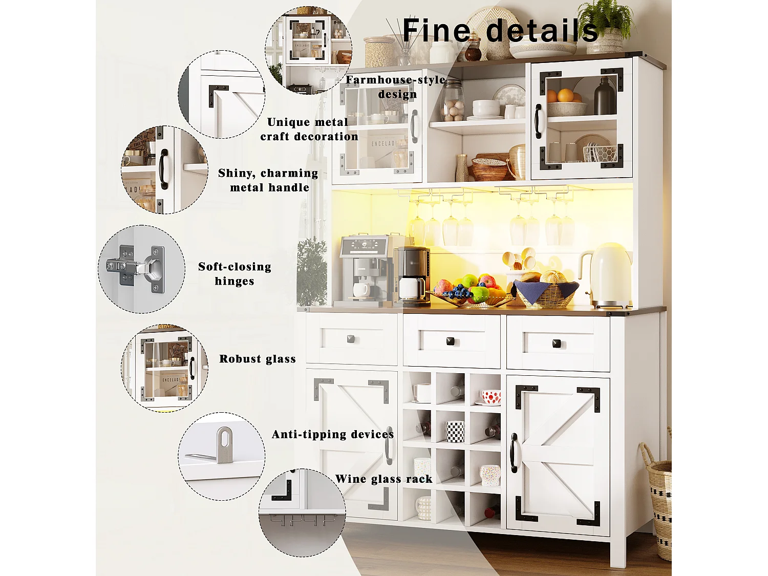 Stylish Kitchen Buffet with USB Outlets - Tall Cabinet with LED Lighting, Glass Holder, 4 Doors and 3 Drawers - White