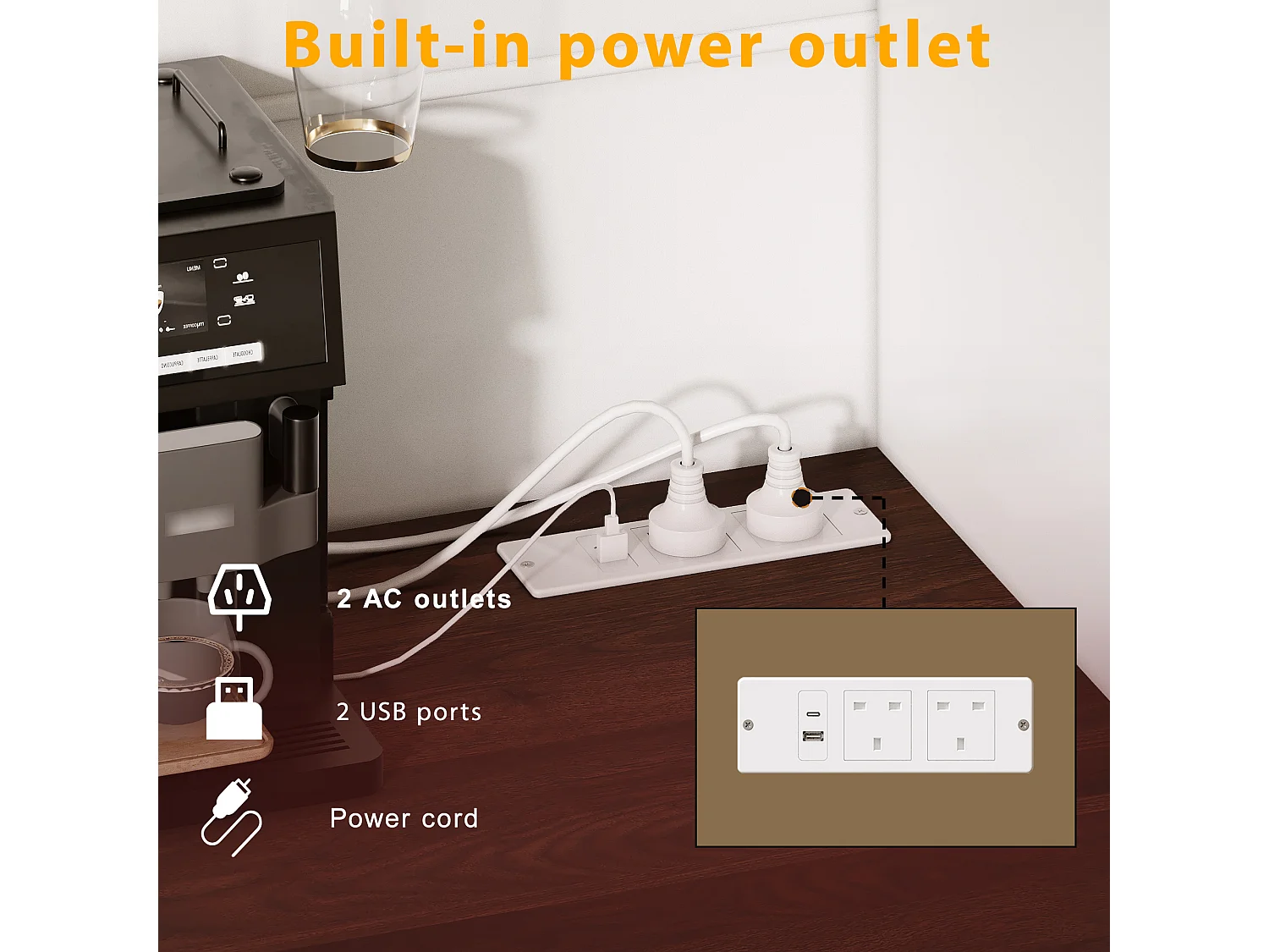 Stylish Kitchen Buffet with USB Outlets - Tall Cabinet with LED Lighting, Glass Holder, 4 Doors and 3 Drawers - White